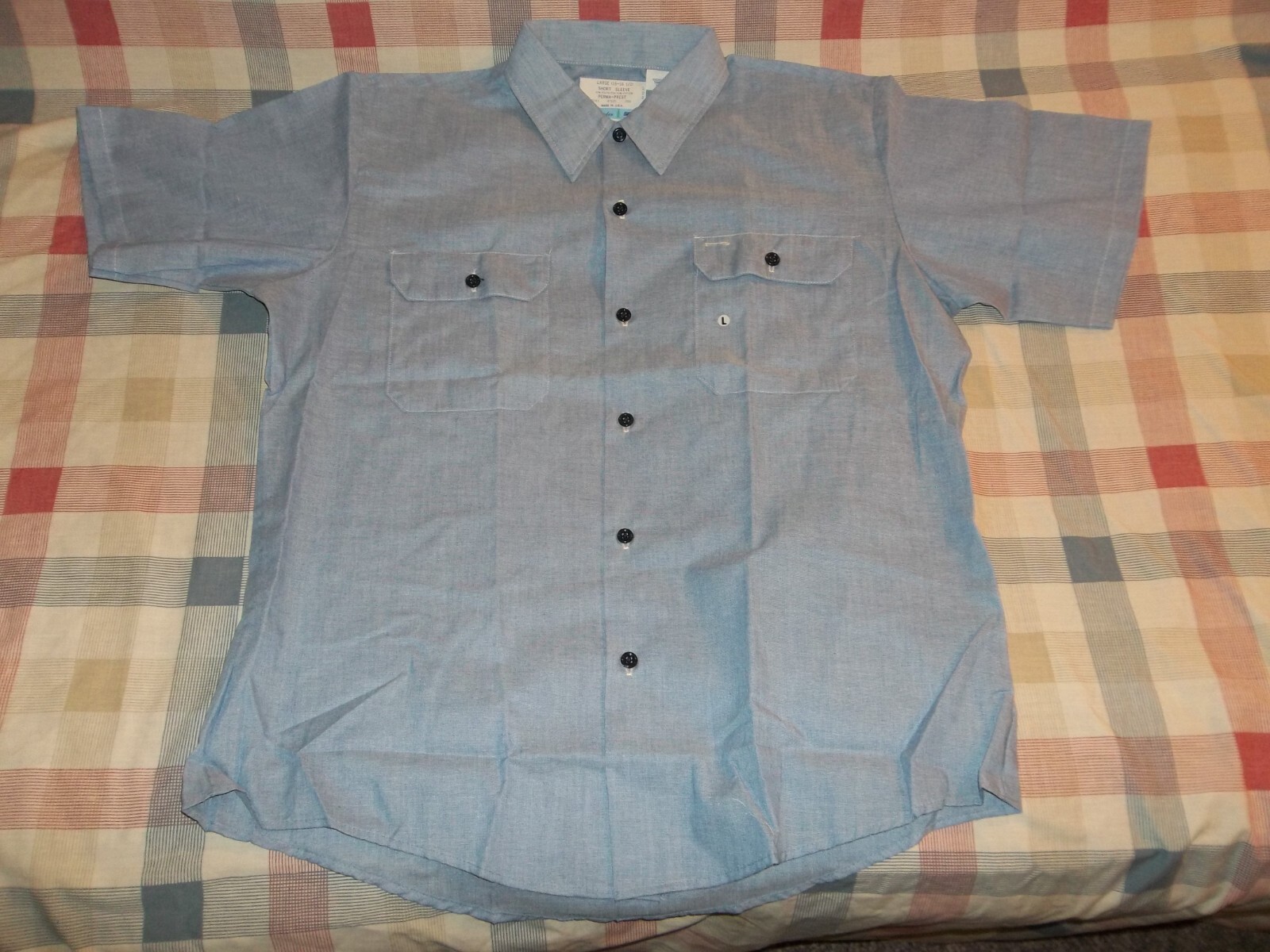 Vtg NEW UNWORN SEARS FIELDMASTER BUTTON FRONT CHAMBRAY SHORT SLEEVE SHIRT L/XL