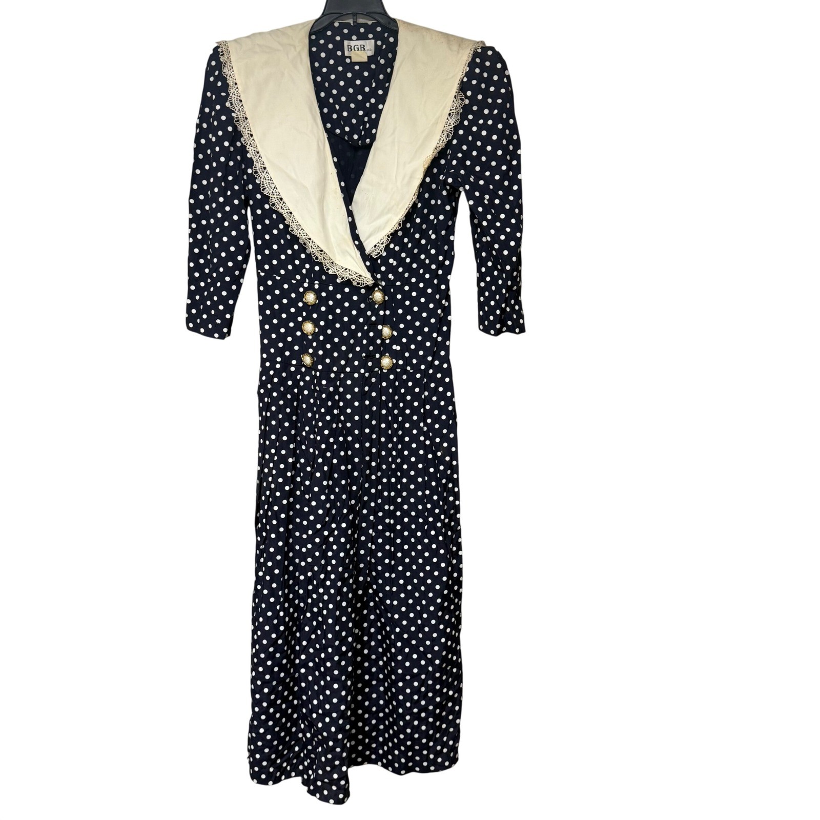 BGB LTD Polka Dot Dress Women 10 Navy Blue Good Vintage Sailor Collar 80s Retro