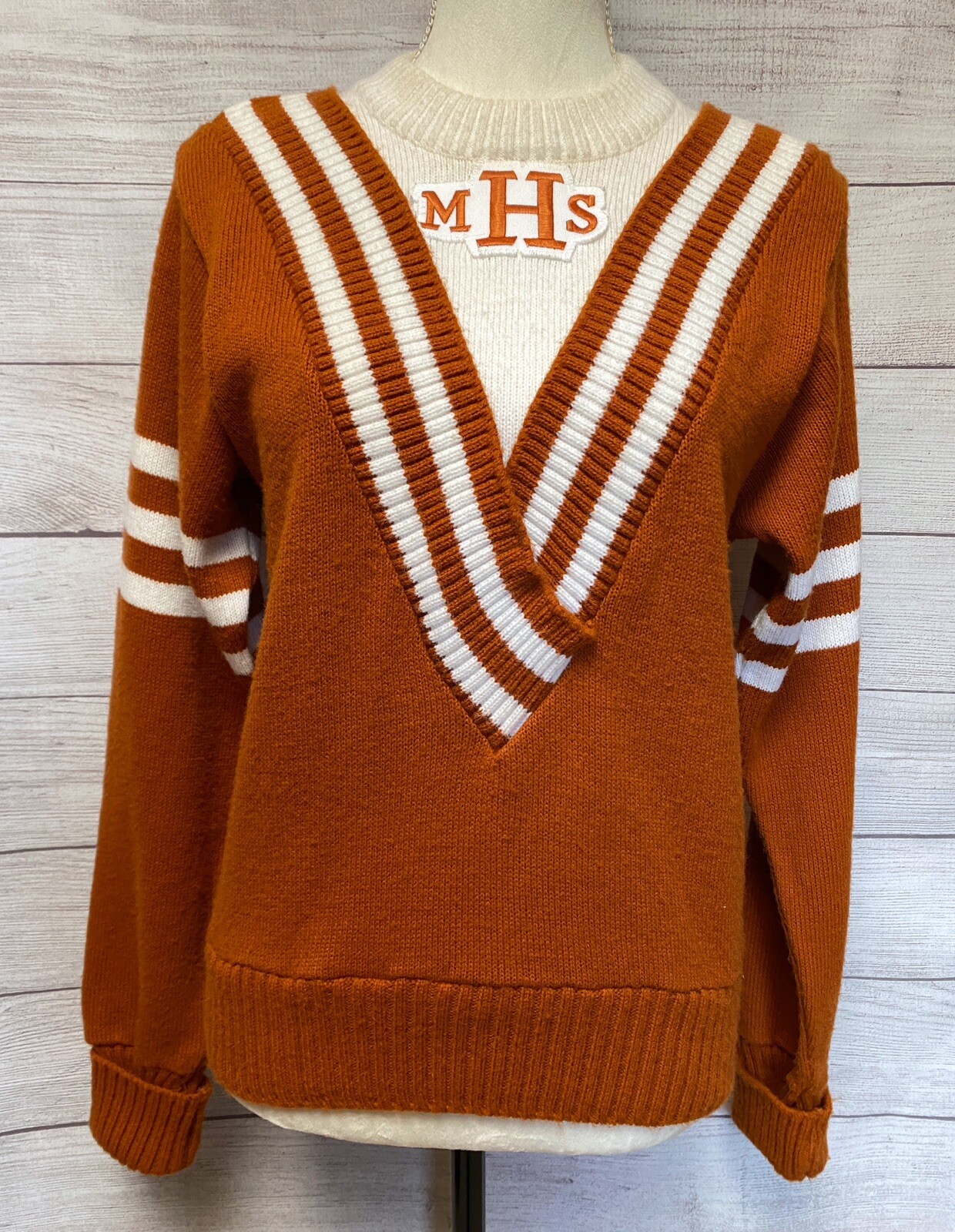 Vintage 60s 70s Cheer Sweater Deep V-Neck Cheerleader Brown/White MHS
