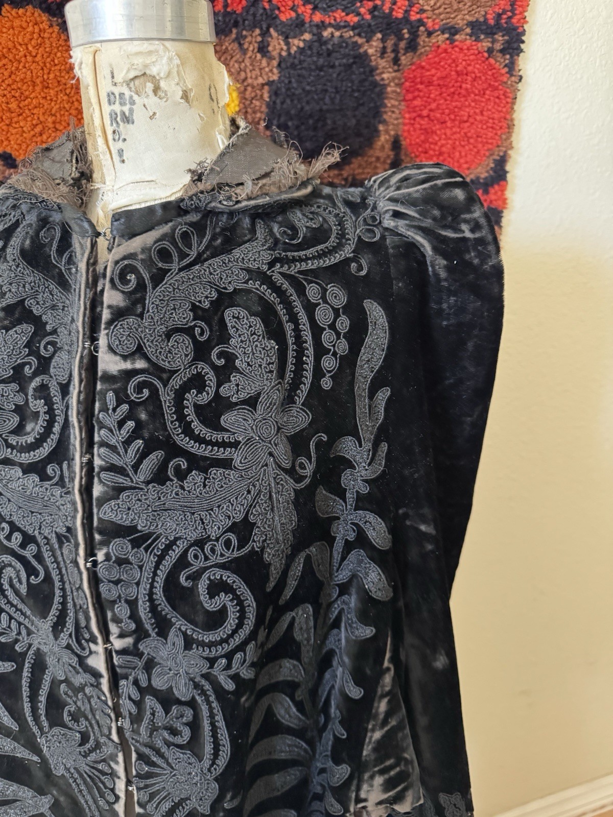 Antique Victorian Black Velvet Embroidered Fringe Cape Jacket Puff Sleeves