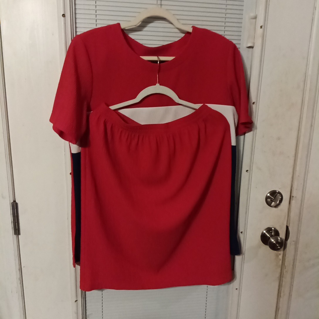 Vintage Susan G 2 Pc. Skirt Blouse Set LG Crinkle Fabric Red White Blue USA Made
