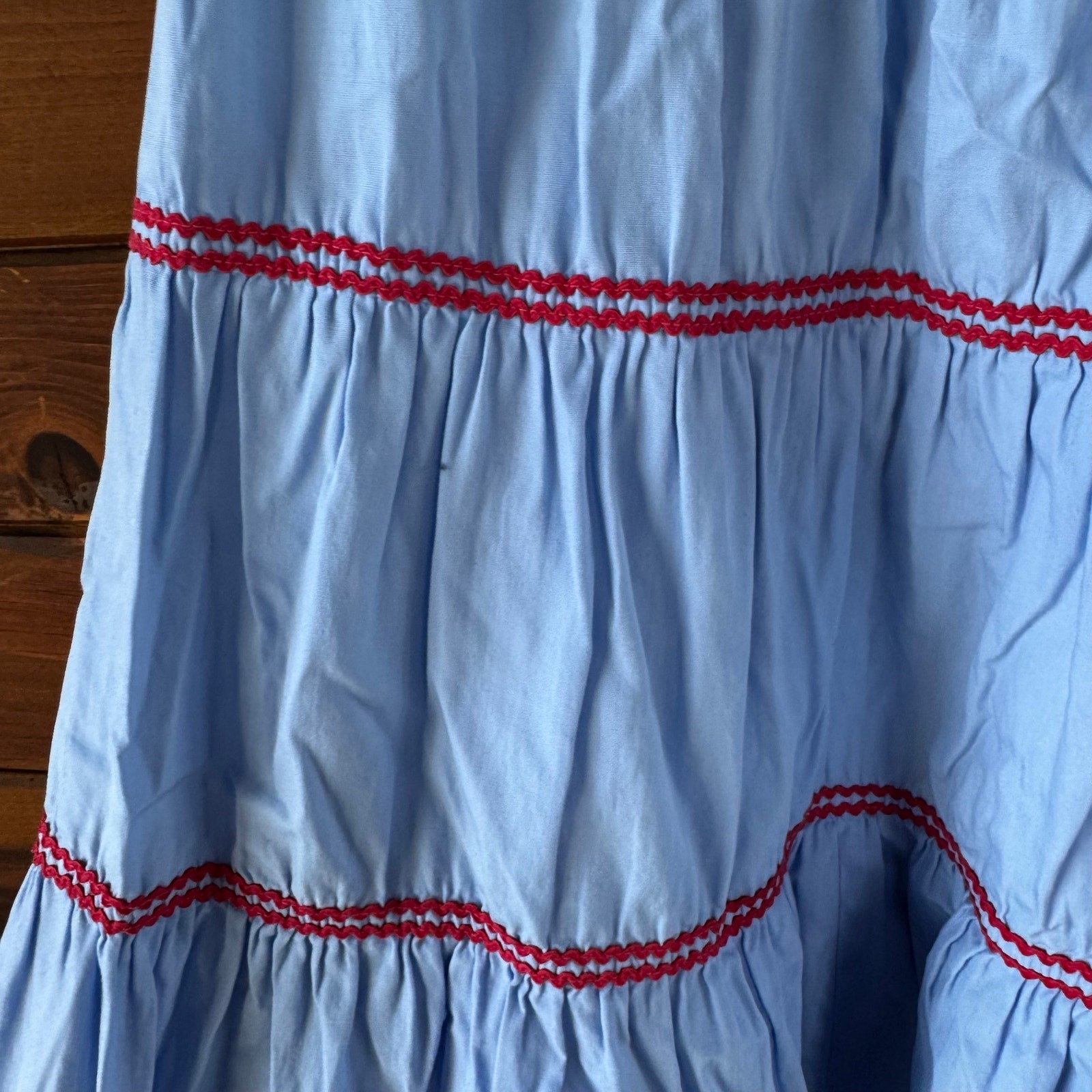 Vintage Handmade Blue Cotton Poplin Rick Rack Trim Fit & Flare Dress XS