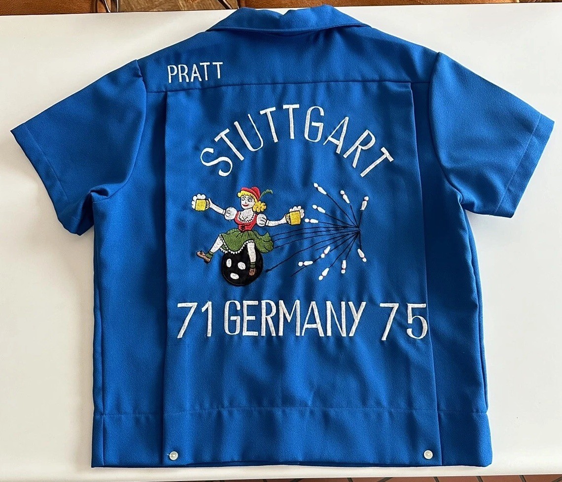 1970s USAF Germany Embroidered Womens Bowling Party Souvenir Shirt Blouse Vtg