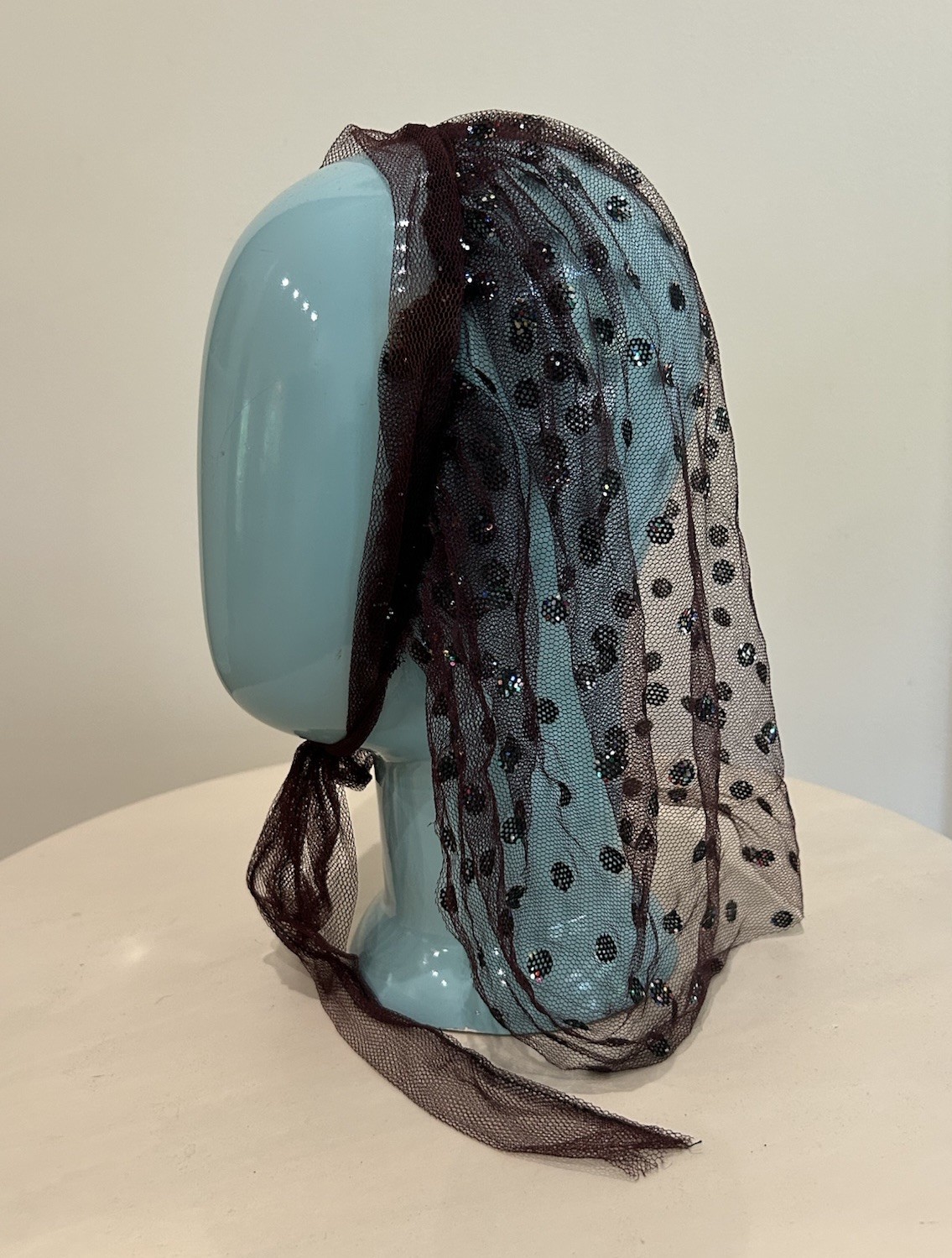 Vintage 1950s Burgundy Glitter Polka Dot Hair Snood Veil Scarf Pinup