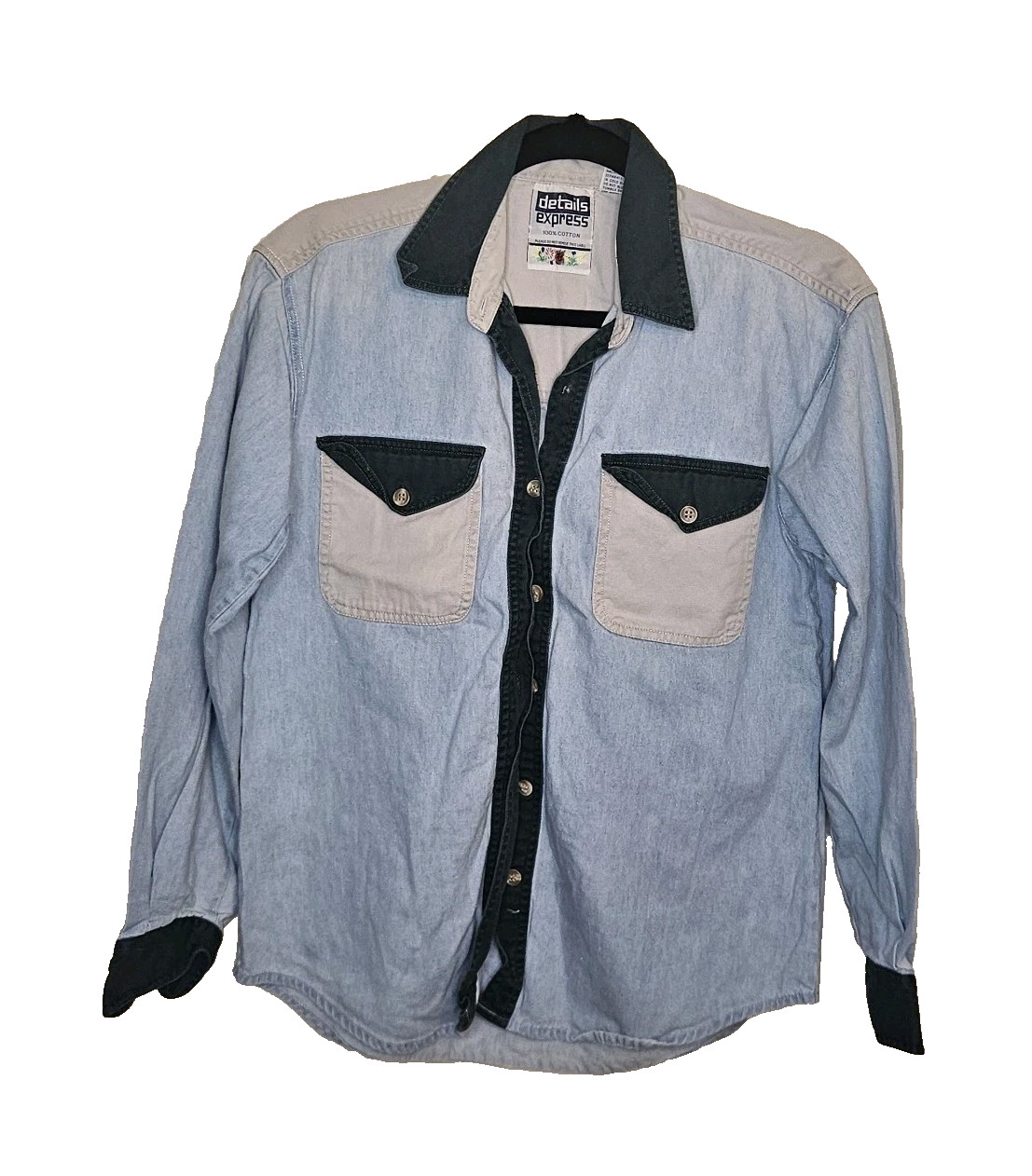 Normcore Vtg 90s Colorblock Long Sleeve Denim Shirt S Fisherman Coastal Grandma