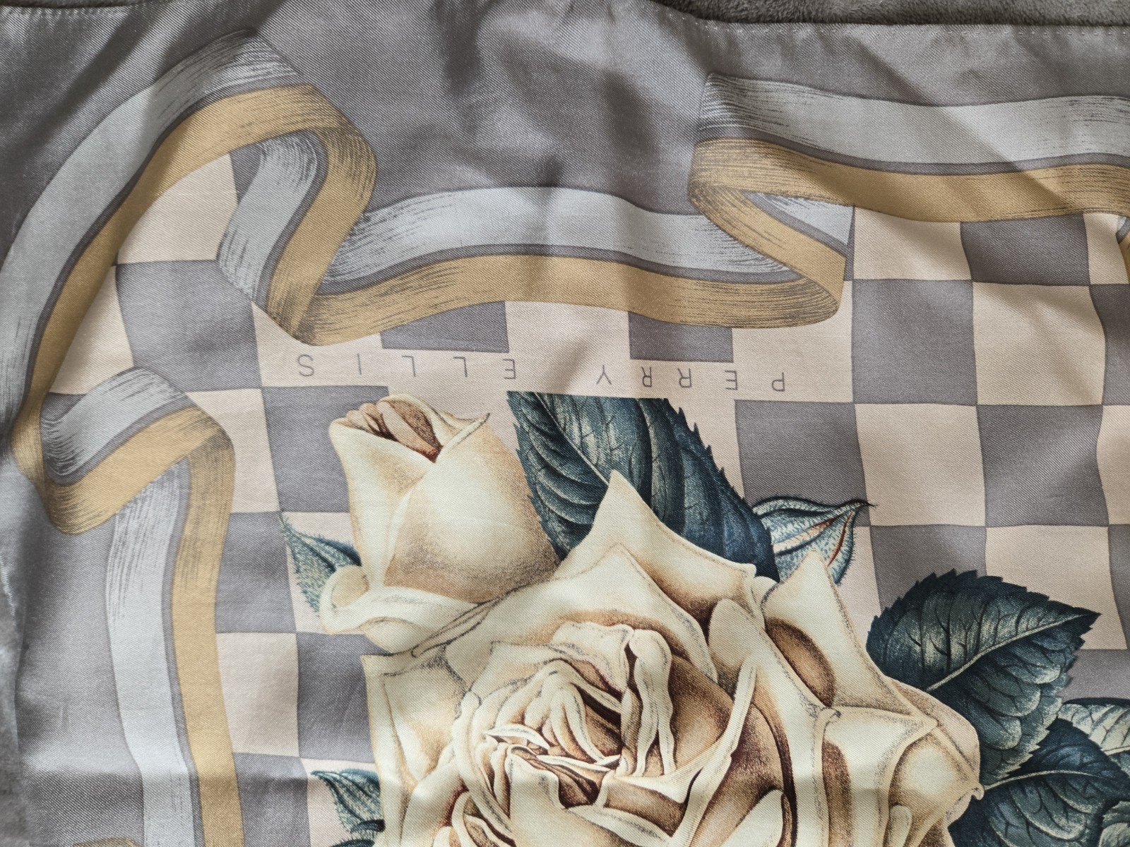 Vintage Designer Perry Allis Silk Scarf Shawl Gray Green Taupe Floral Motif