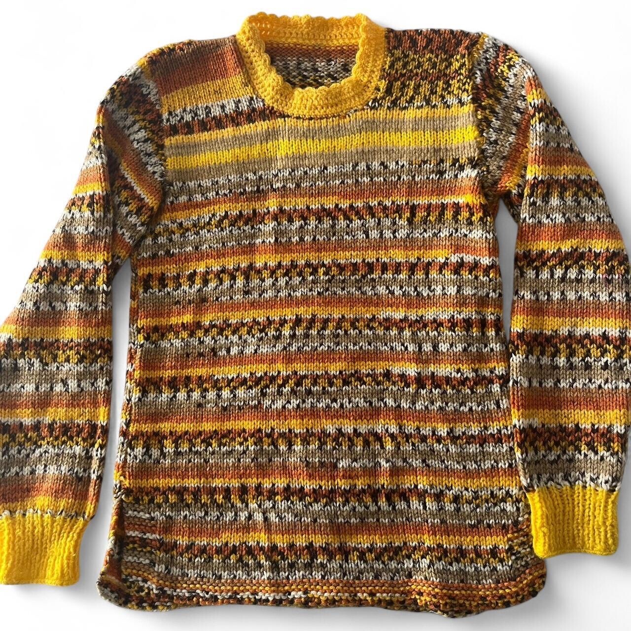 Vintage 70s/80s Hand-Knit Sweater Yellow Brown Gray White Black Scalloped Neck