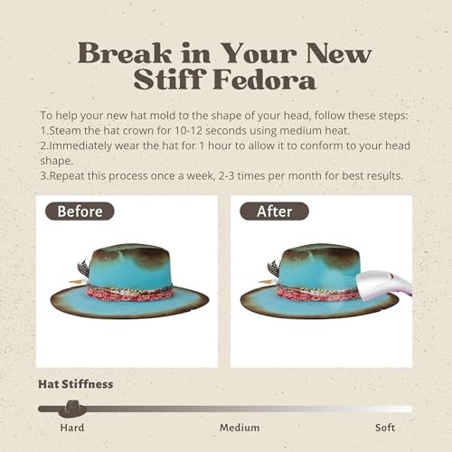Vintage Wide Brim Fedora Hats 100% Wool Stiff Felt Hat 7 5/8 Retro Blue