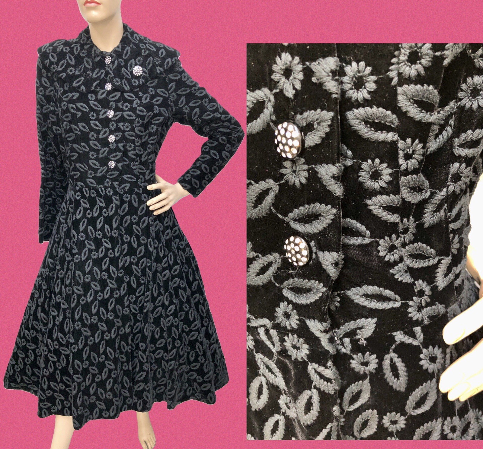 HOLLYWOOD INGENUE VTG 1940s DEADSTOCK VELVET BROCADE “New Look” PRINCESS COAT XS