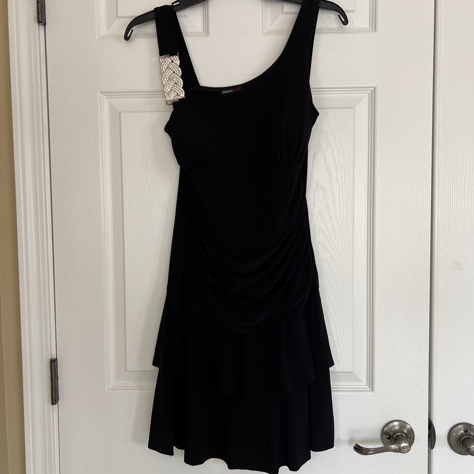 Vintage Black Cocktail Mini Dress Sleeveless Rhinestone Encrusted Size Small