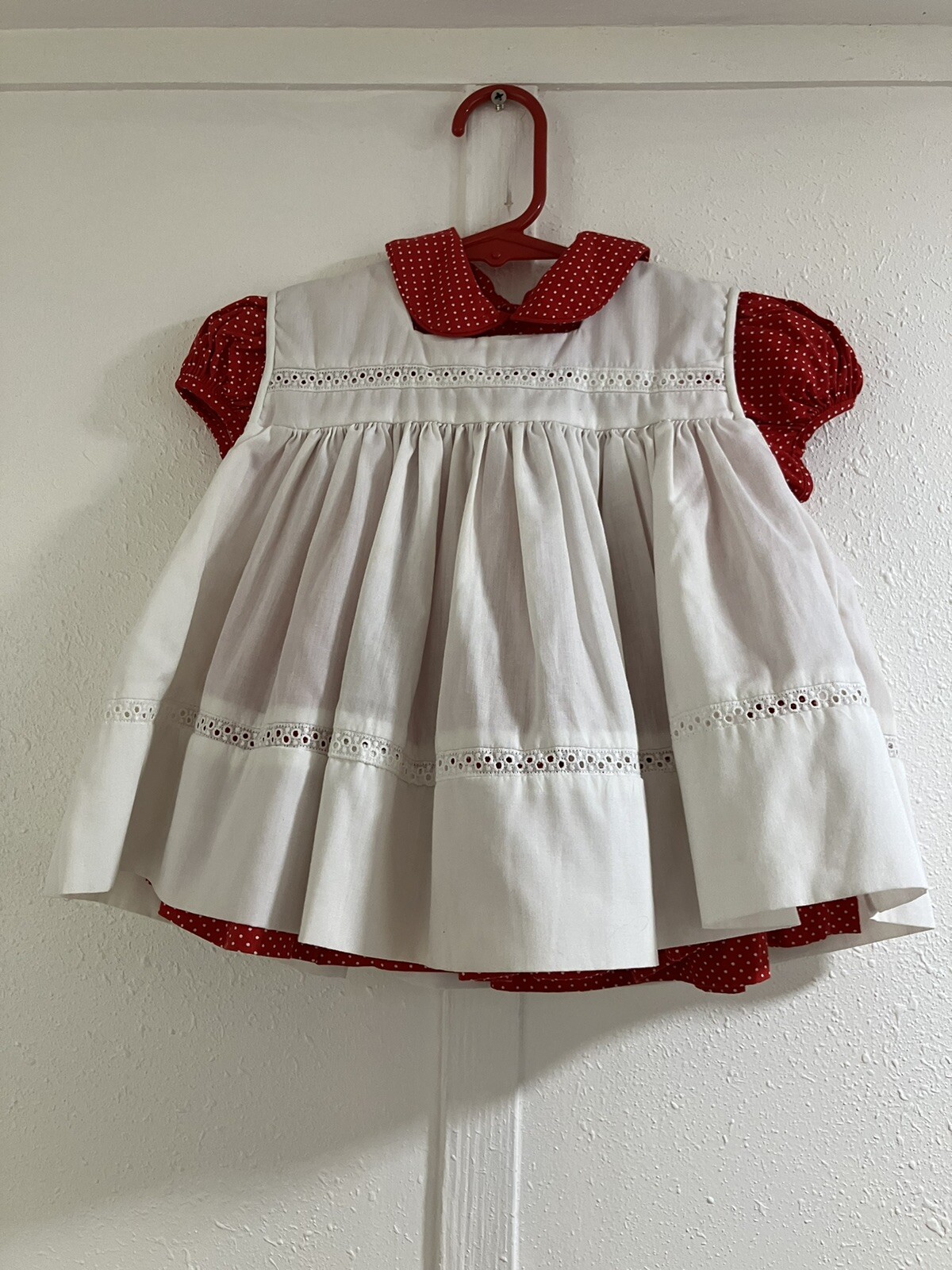 Vintage Baby Dress White With Eyelet & Red Polka Dot Pinafore C.I.Castro Sz 9 M