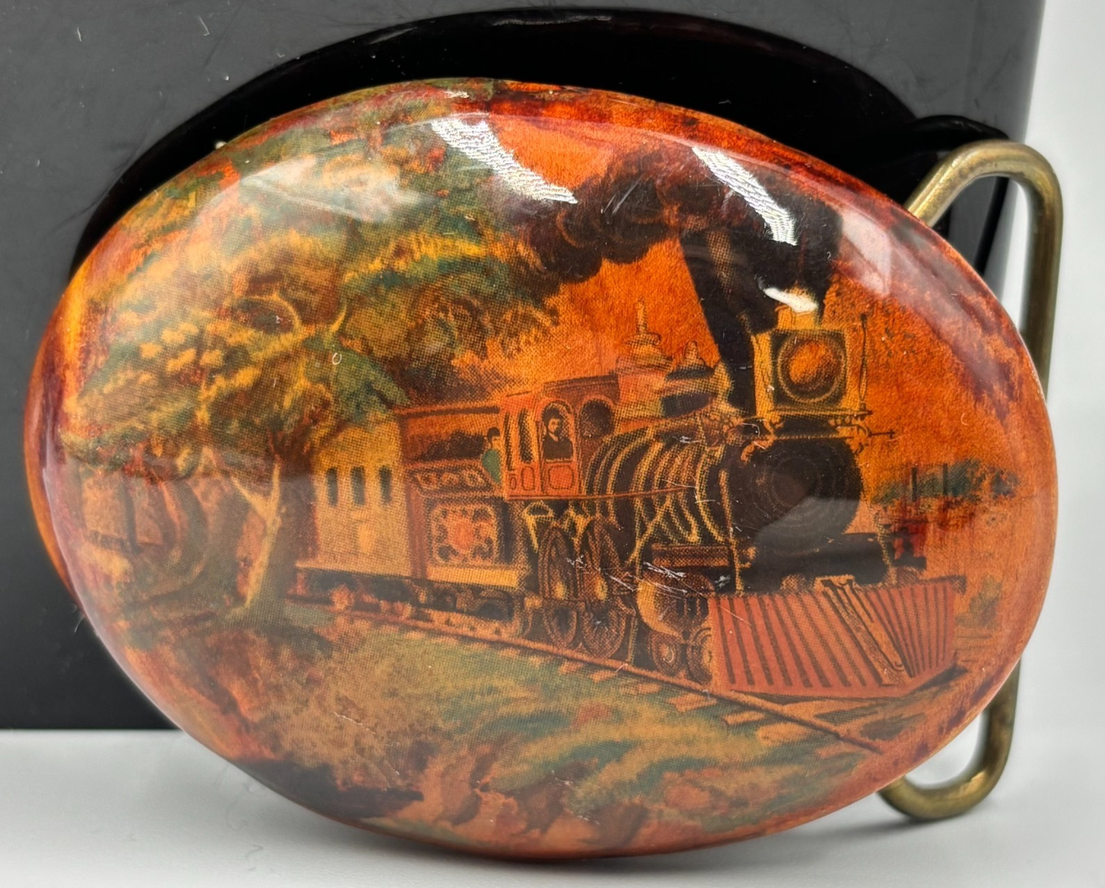 Vintage Belt Buckle Hand Painted Wood & Brass Steam Engine 3″ Train