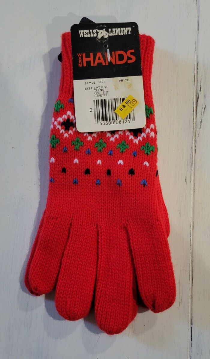 Vtg Ladies/teen Red Pattern Wells Lamont Warm Hands Gloves Nwt