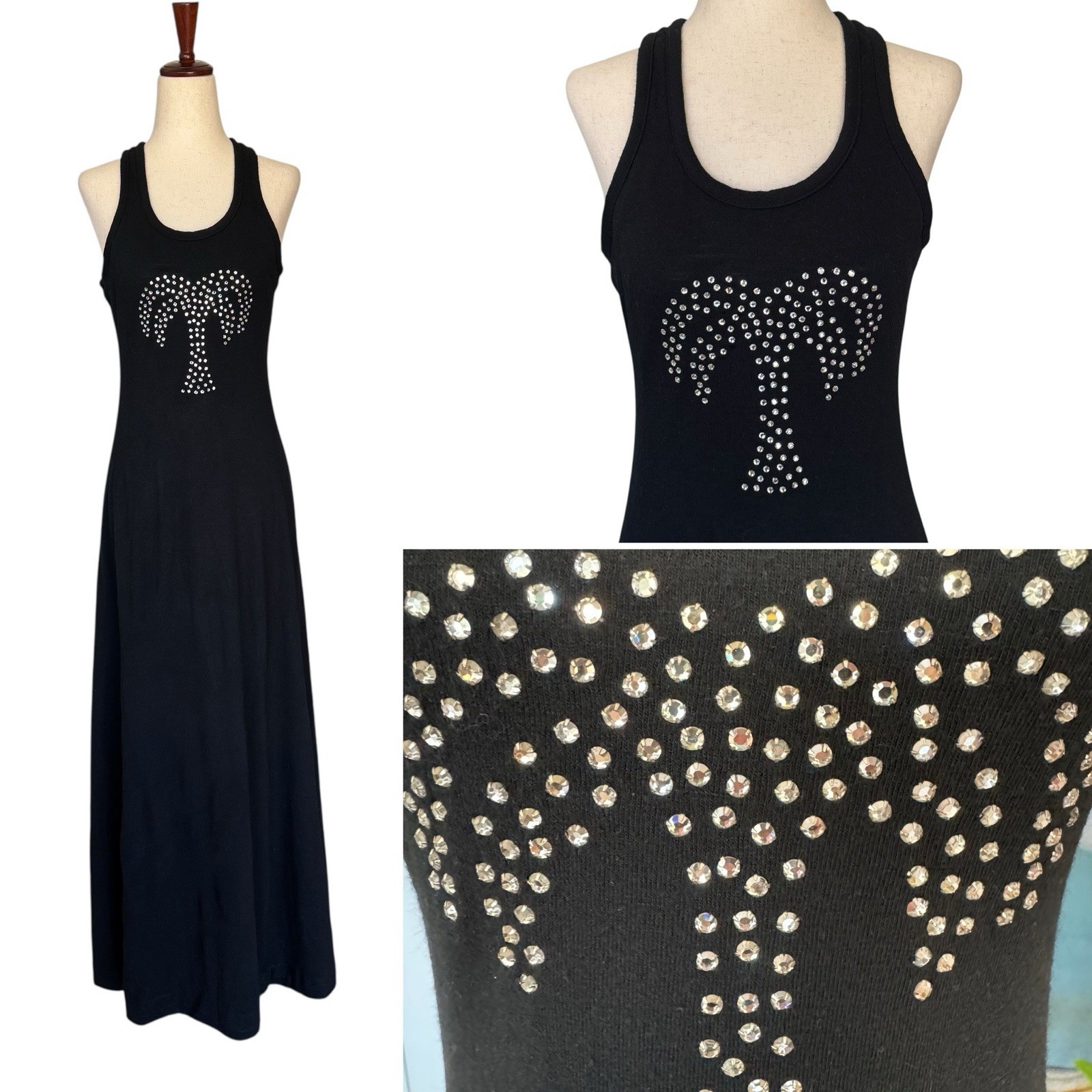 Vintage 70s Oops Black Maxi Dress Rhinestone Palm Tree Design Hippie Boho S