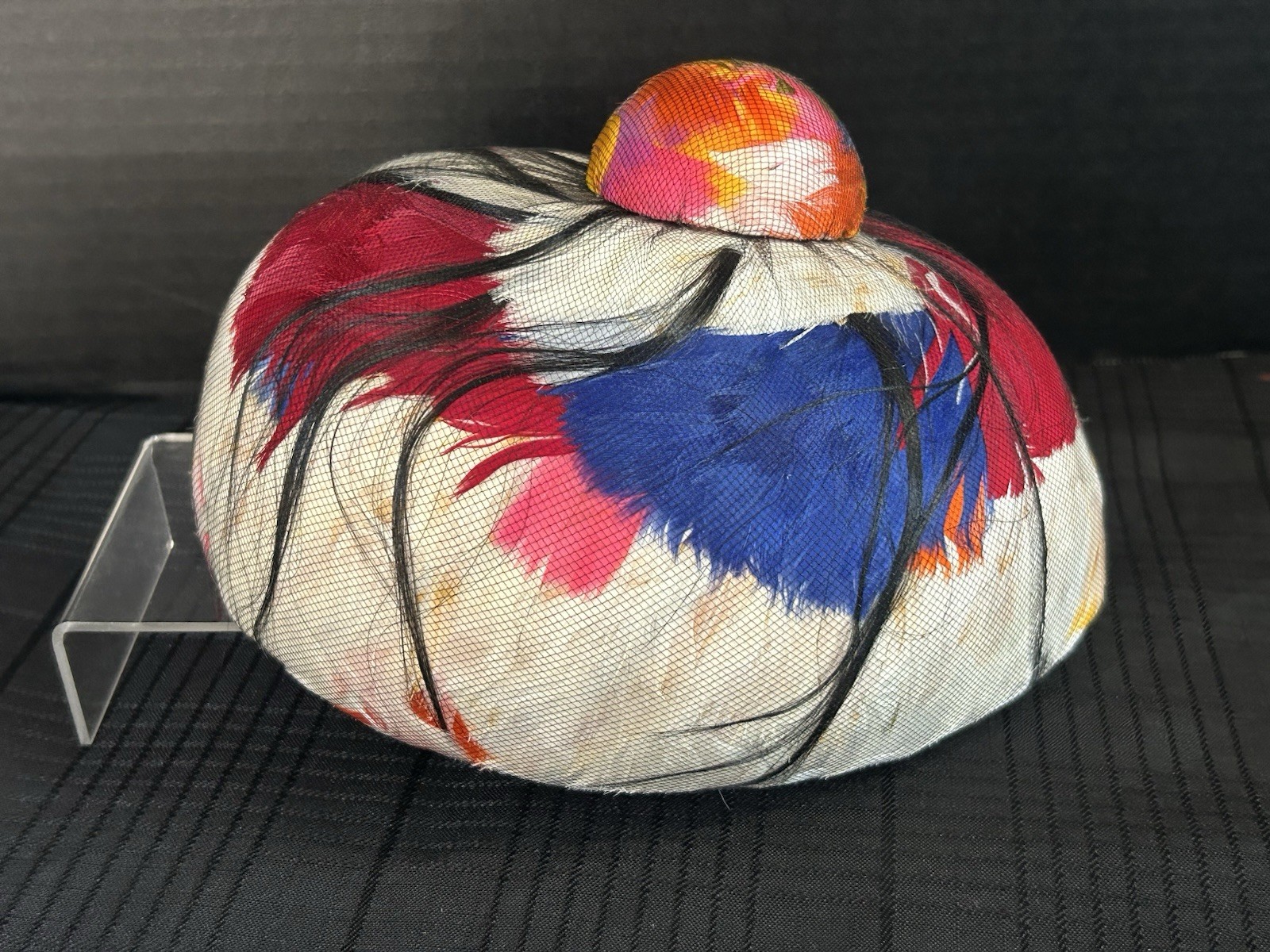 Vintage Woman’s Feathered Under Netting Turban Hat Pill Hat Mod Multi Color