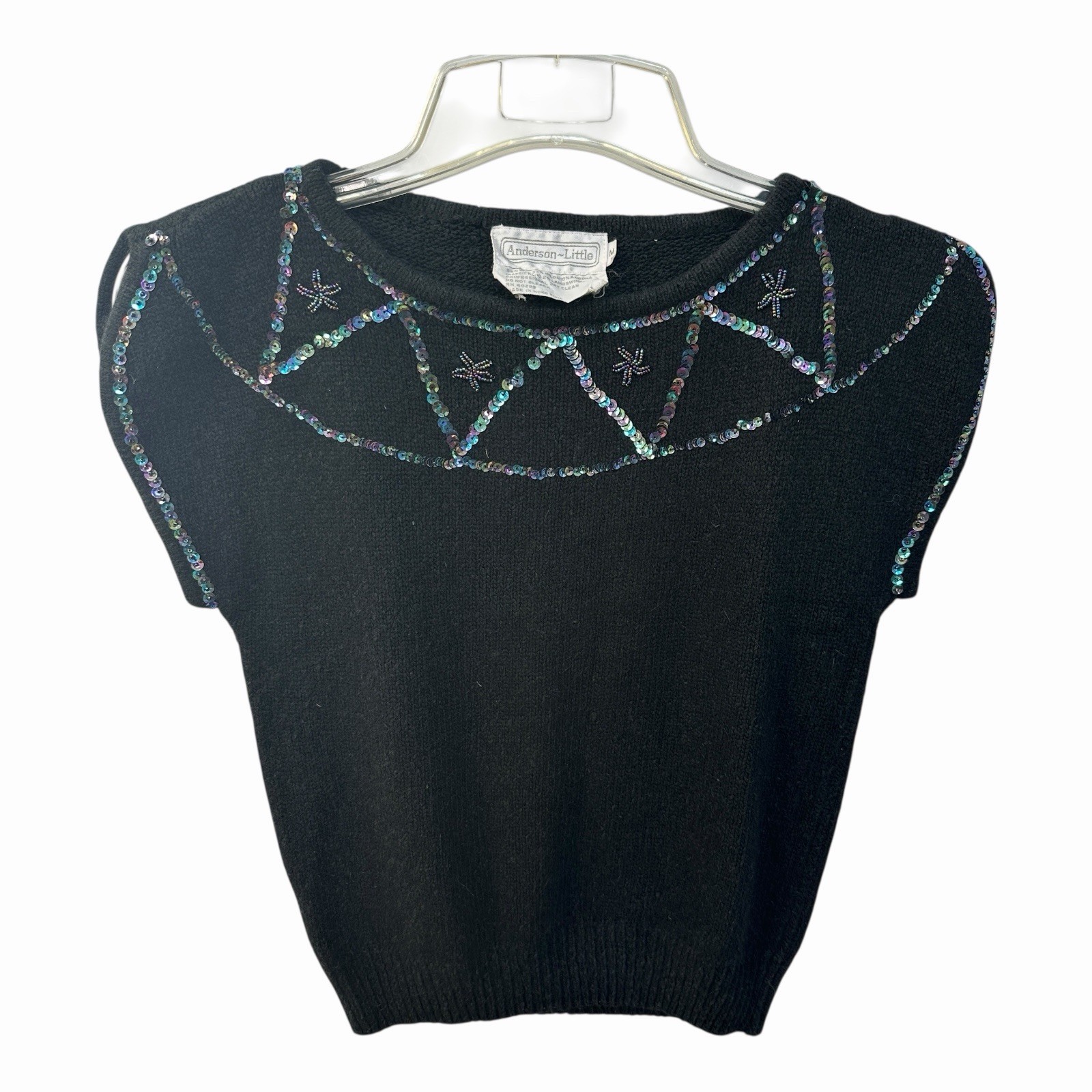 VTG 80s Anderson-Little Black Sequin Silk Angora Lambswool Blend Sweater Med