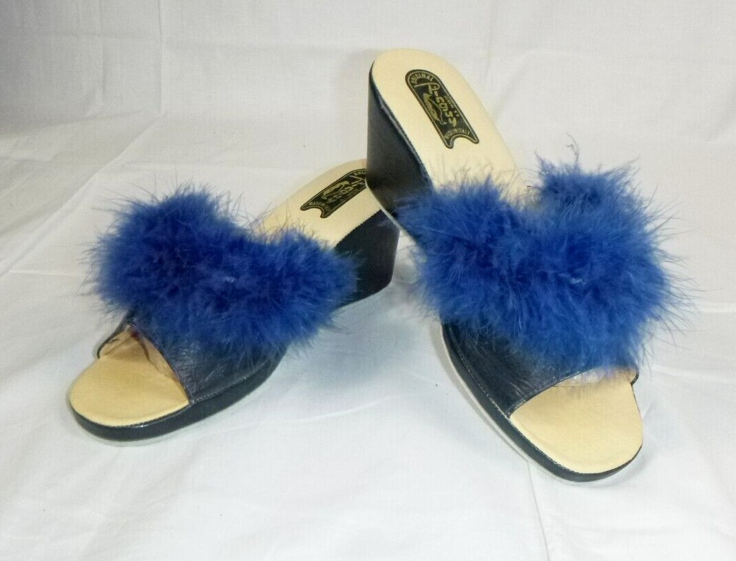 NOS Vtg Original Pinguy Marabou Wedge Sandals Mules Slides Italy Size 39/US 8