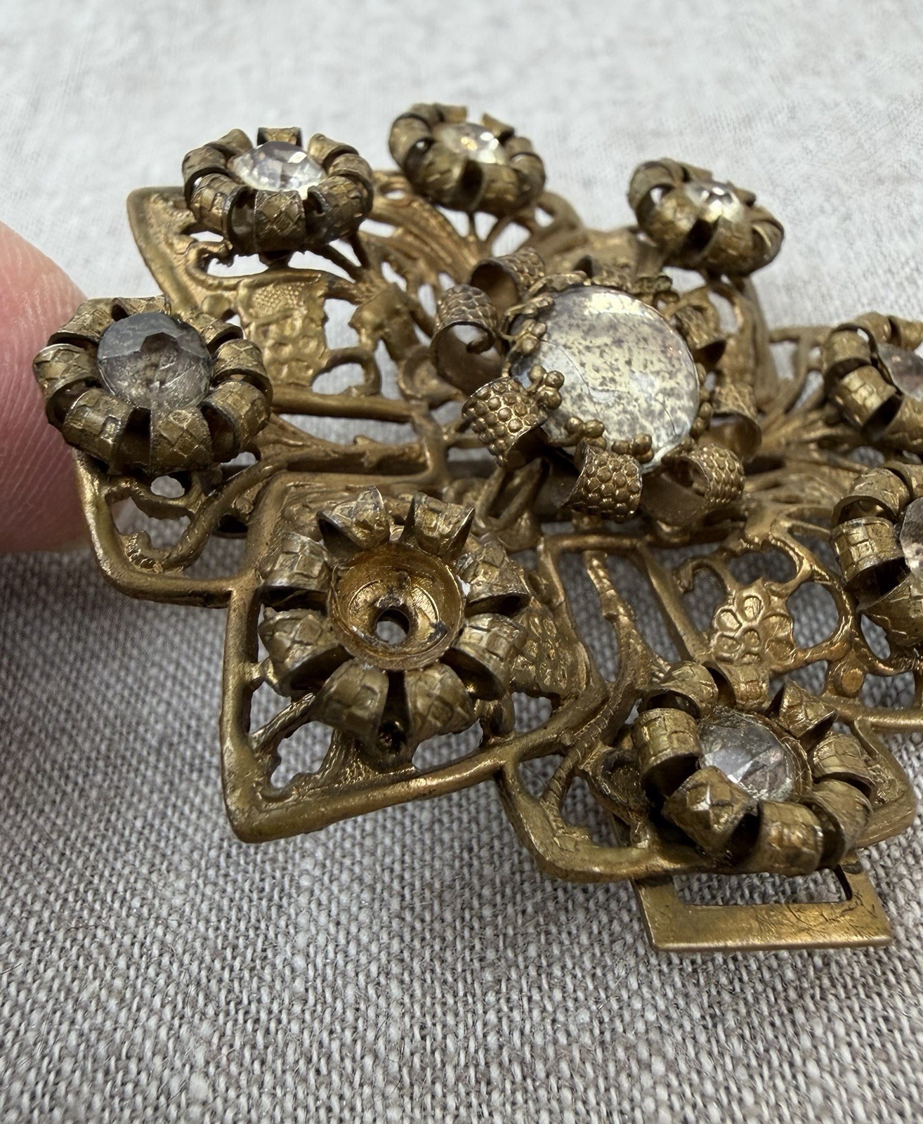 Antique Gold/Brass Tone Filigree Half-Belt Buckle w/Rhinestones Repurpose NOTES