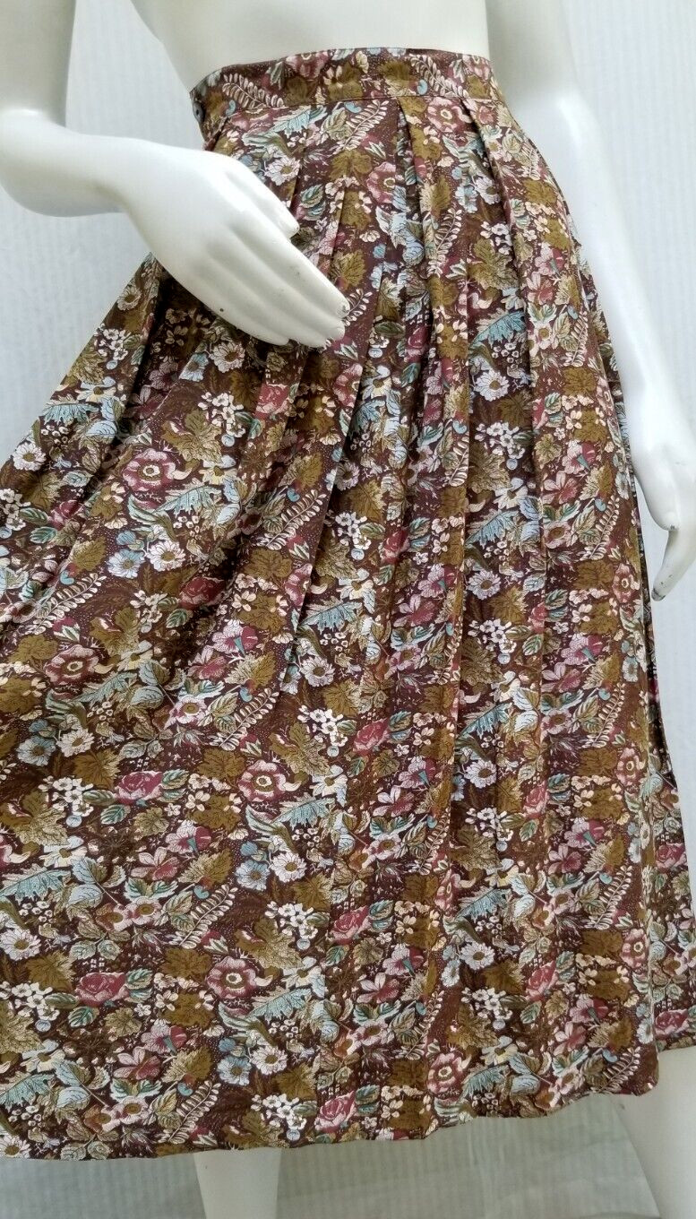 Vintage 1990’s SILK Fall Floral Silk Pleated Midi Skirt – Waist 26 inches – EUC