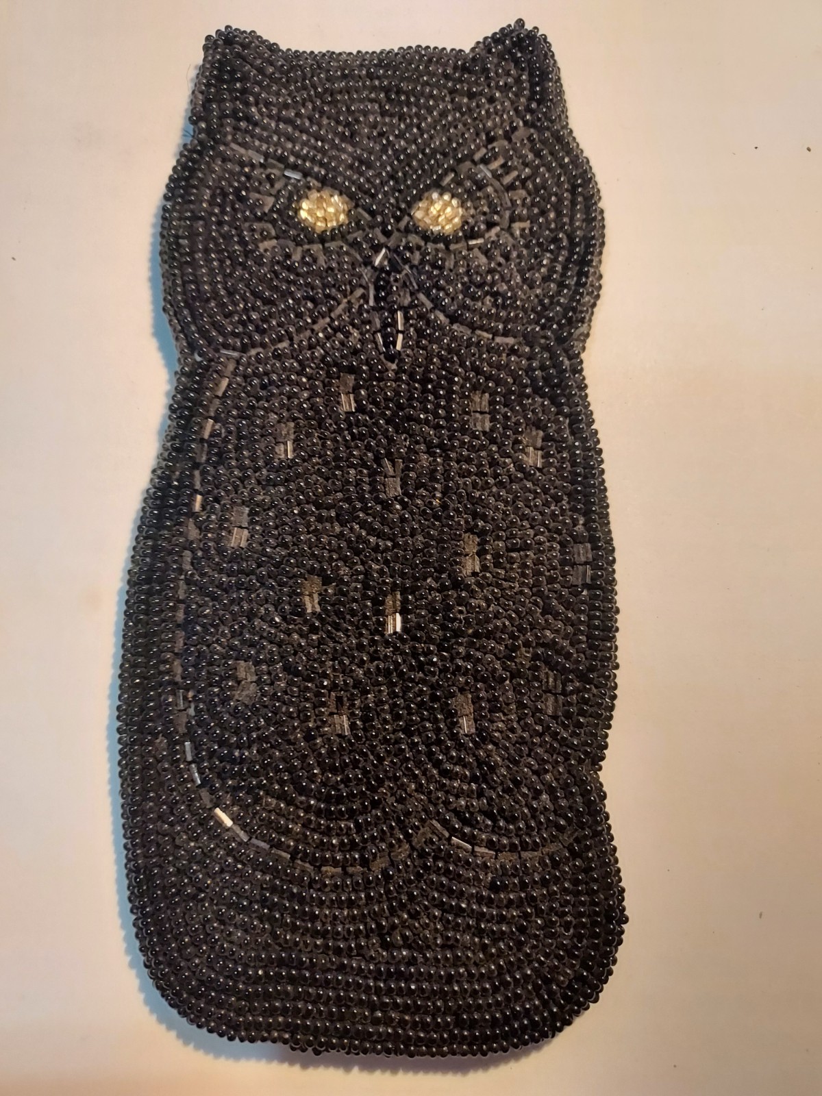 Vintage Black Glass Beaded Owl Soft Shell Eyeglasses Case-Small 2-1/2″ x 6″