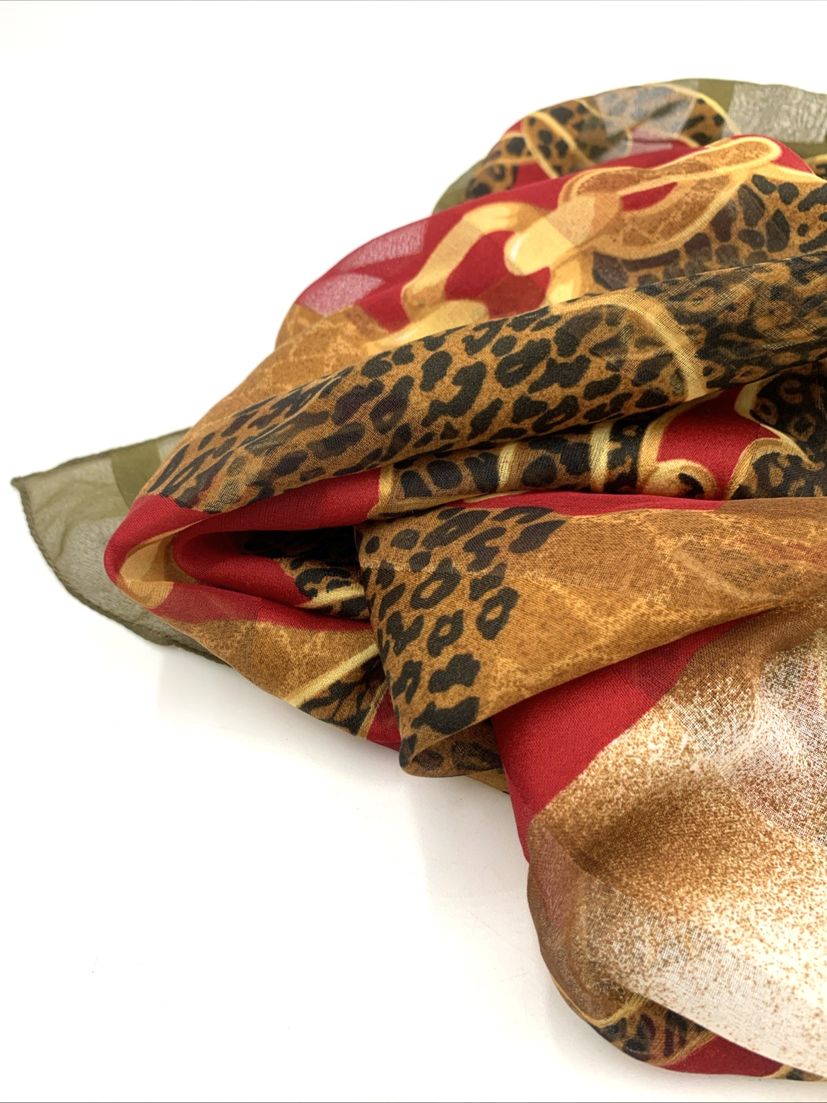 Animal Print Chain Design Scarf 34” Square OLIVE GREEN RED GOLD BLACK