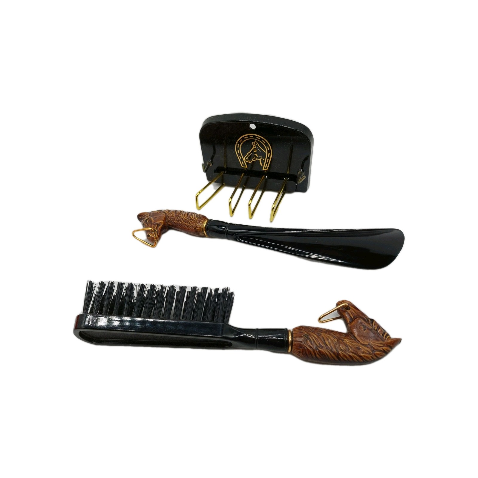 Bakelite Horse Head Brush & Shoe Horn Set Tie Rack Japan Mid Century Vintage