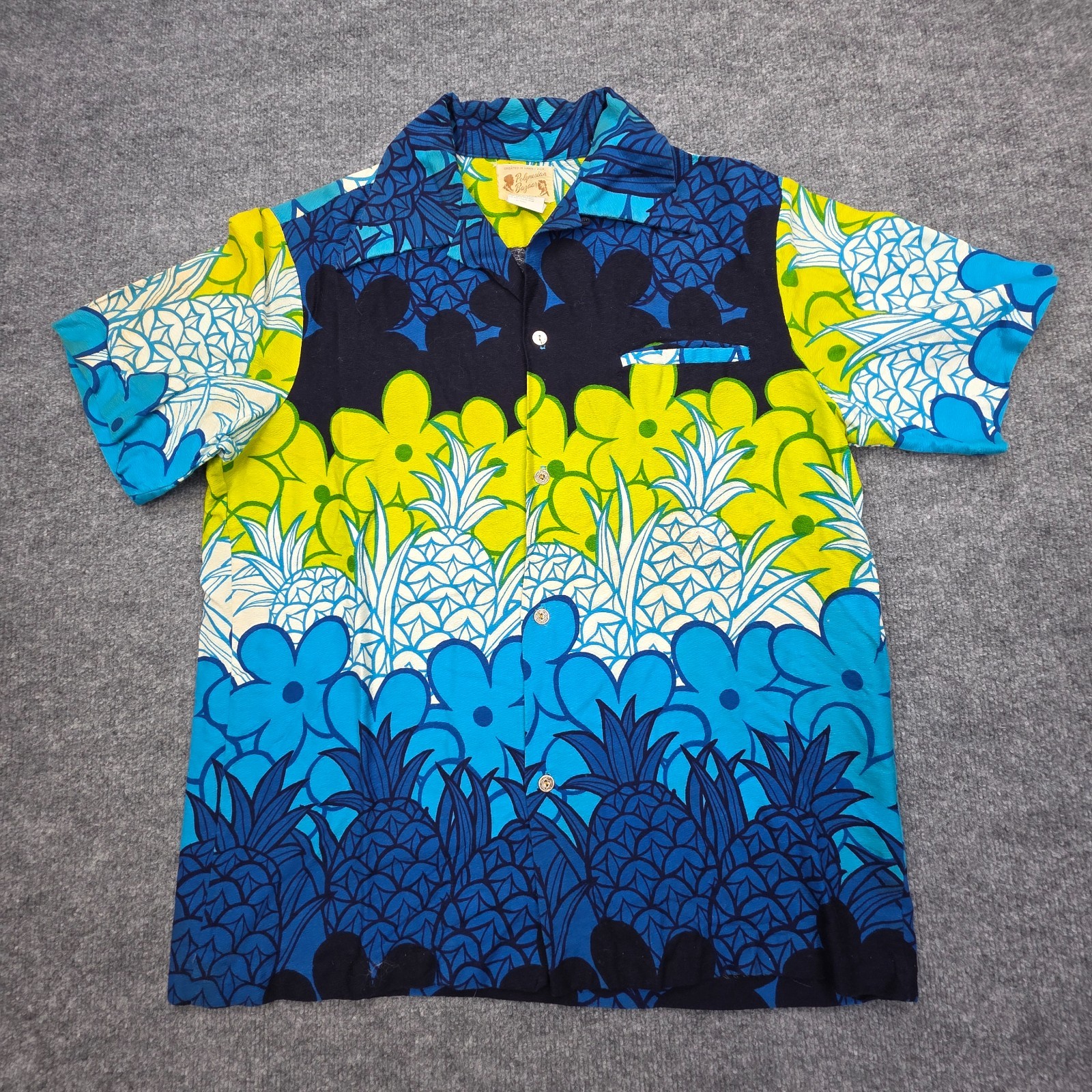 Vintage Polynesian Bazaar Hawaiian Shirt Men’s Large Floral AOP Pineapple 60’s