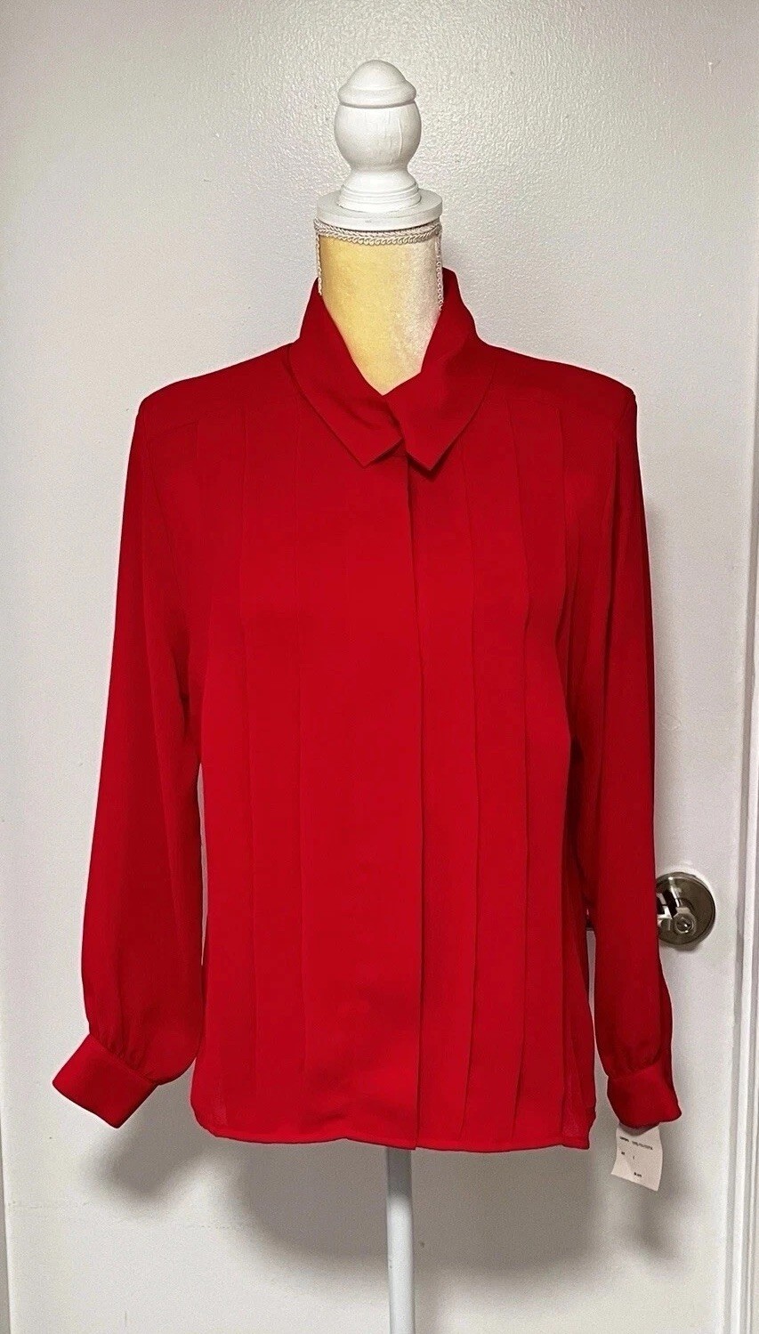 Vintage 1980s Bright Red Secretary Blouse Top Hidden Button Up Pleated NWT