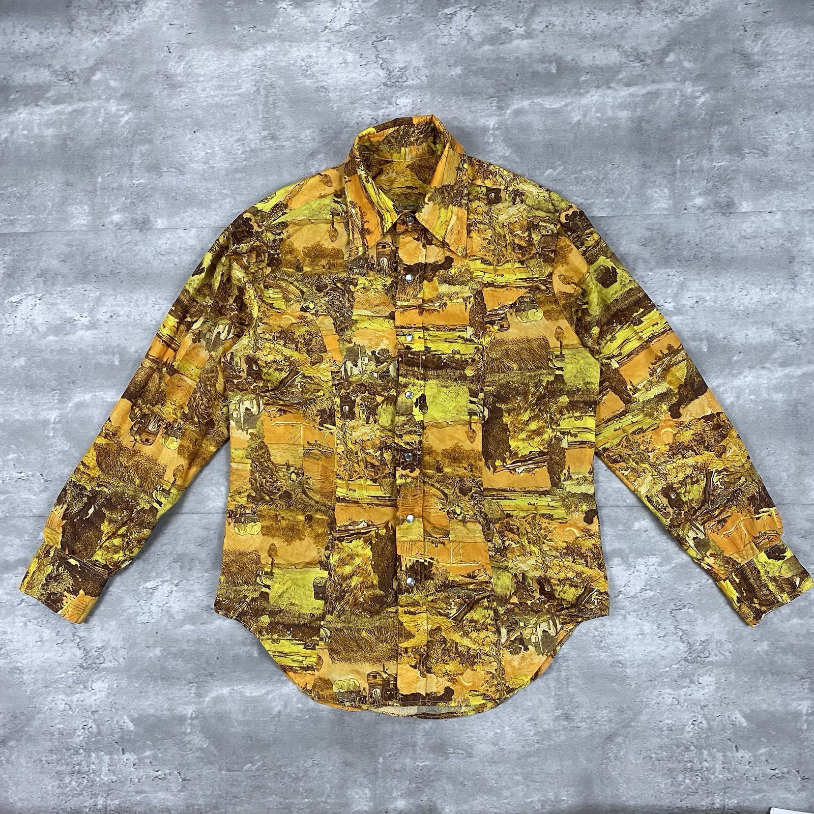 vintage 70s WESTERN pearl snap shirt Mens M AOP art horse wagon farm