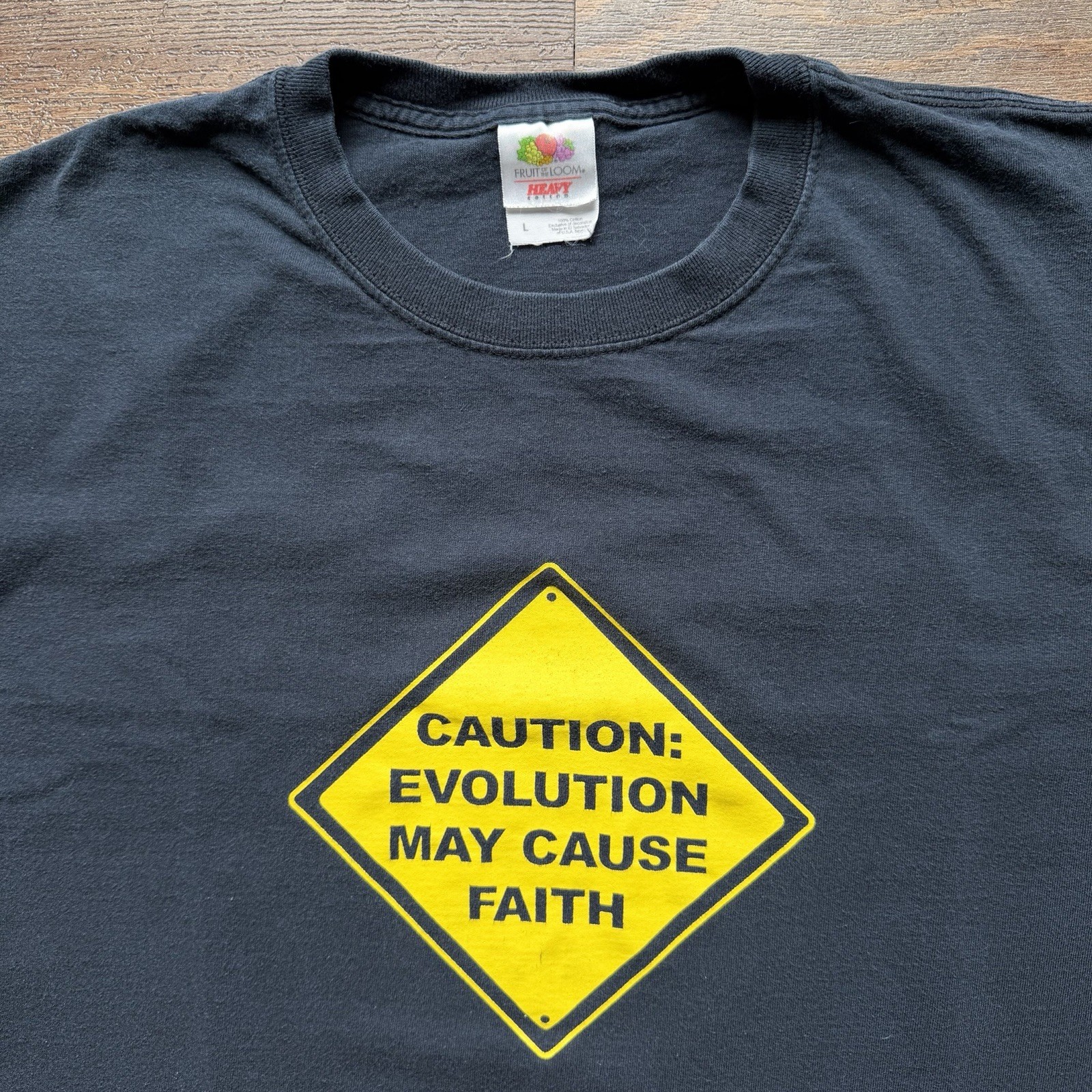 Vintage Mens L Black Evolving Minds “EVOLUTION MAY CAUSE FAITH” Christian Tee