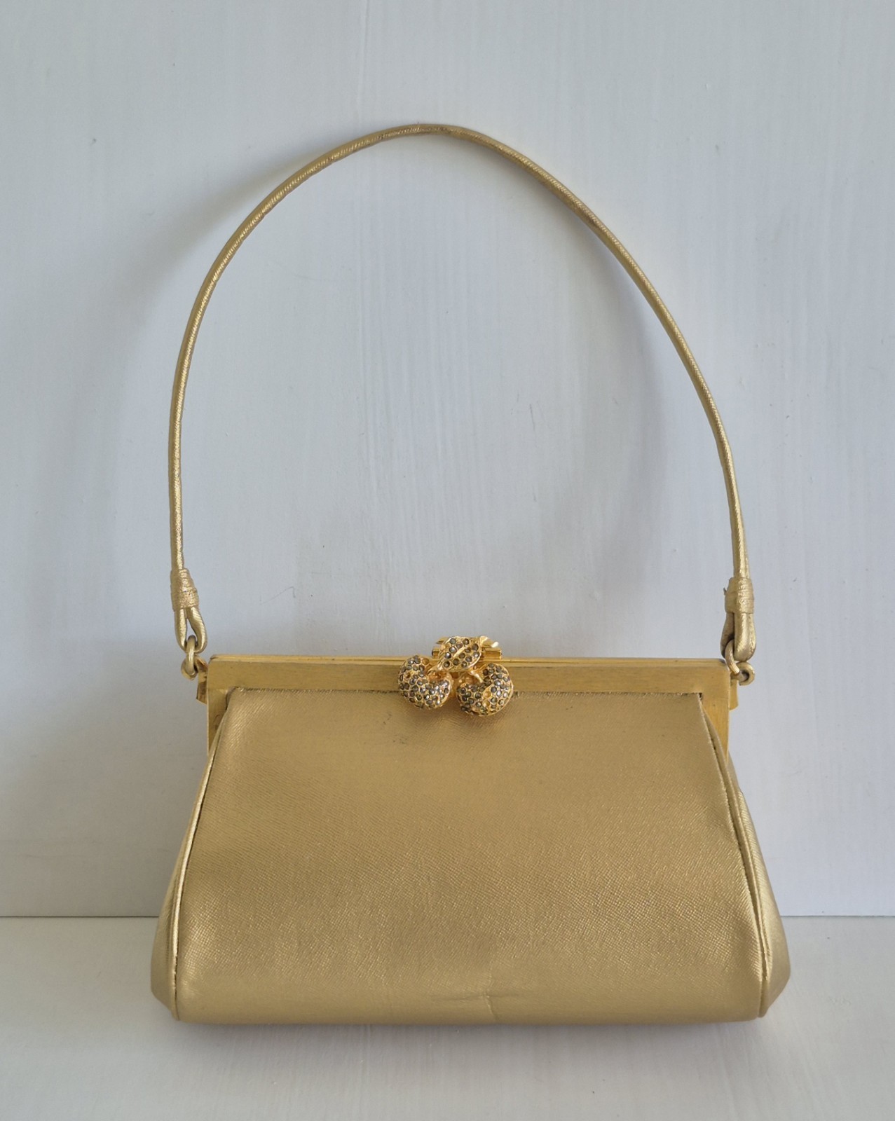 Vintage Rosenfeld Italy Gold Leather & Gold Tone Metal Trim Hinged Frame Purse