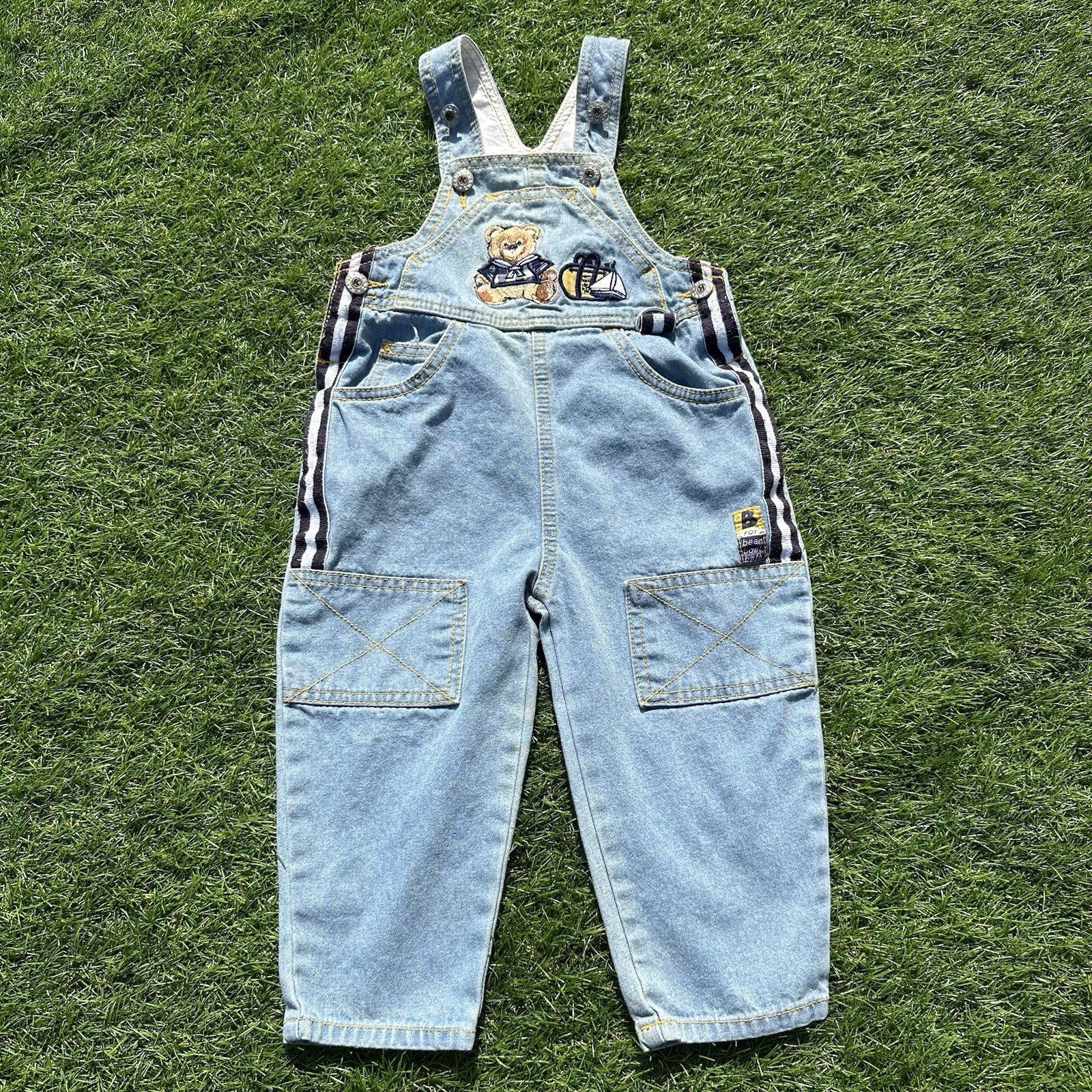 Vtg Baby Kanz Stripe Teddy Bear Sailor Overall Sz 18-24 Months