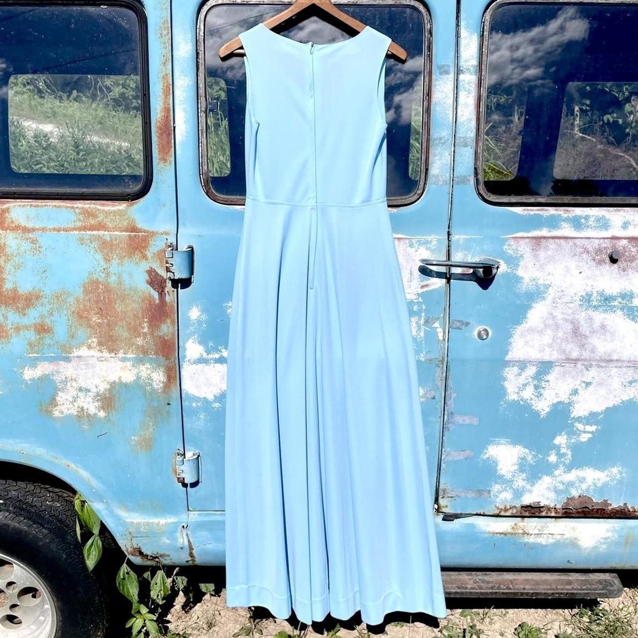 1960s blue sleeveless hostess disco dress w/ gathered chest, floor length skirt