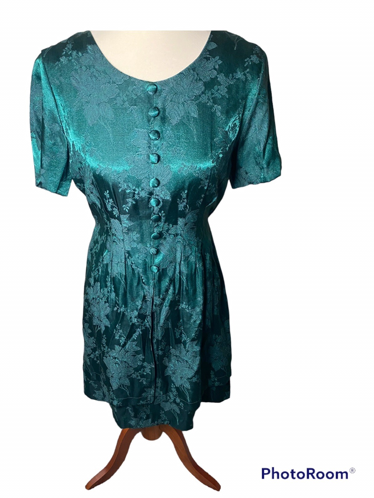 Vintage 90s Dark Green Mini Floral Dress with Decorative Buttons and Zipper