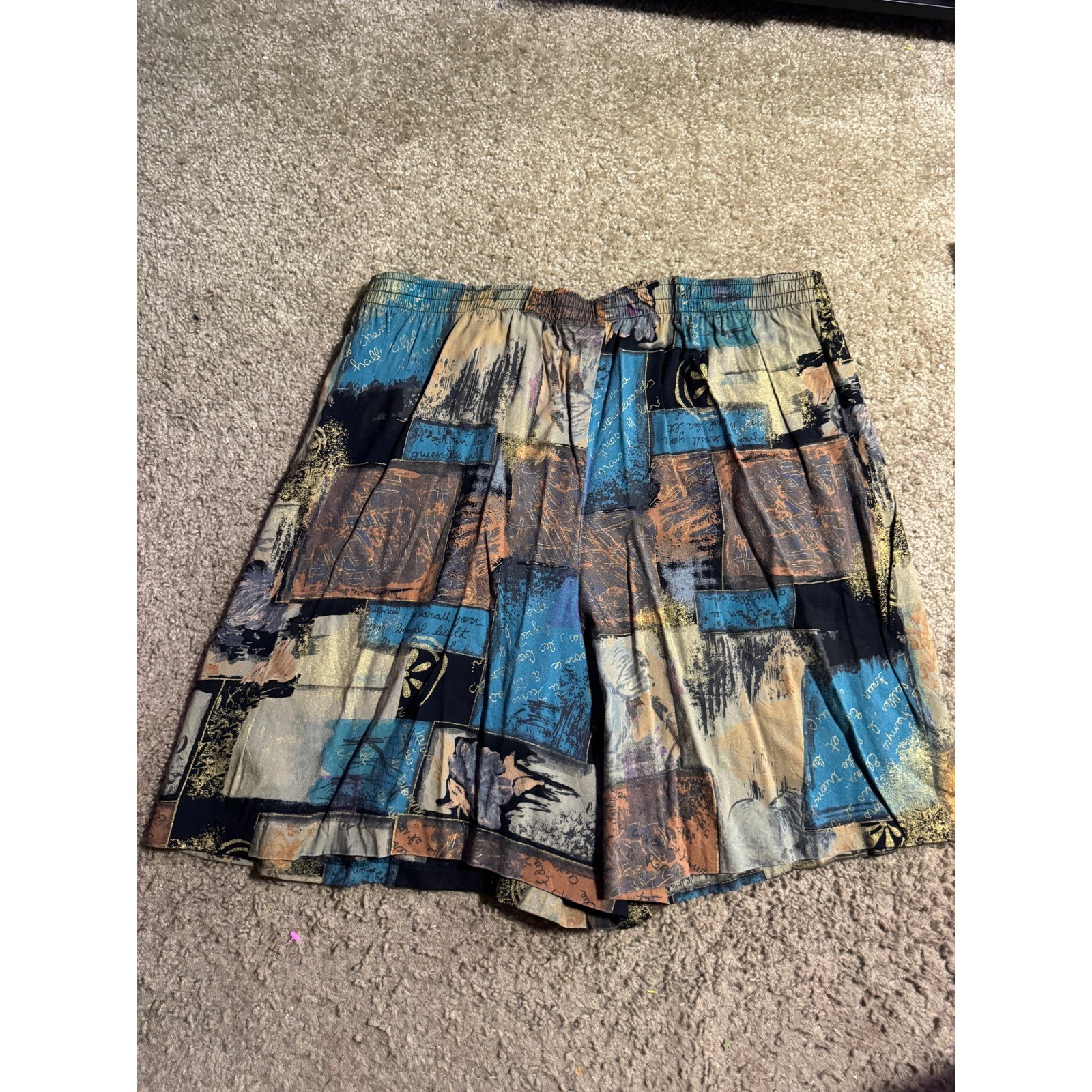 Ms Choice California Vintage Abstract Patchwork Print Shorts Elastic Waist Blue