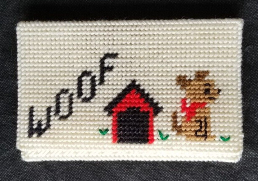 Supercute Puppy w/ Doghouse oversized Handmade Needlepoint Checkbook Cover WOOF