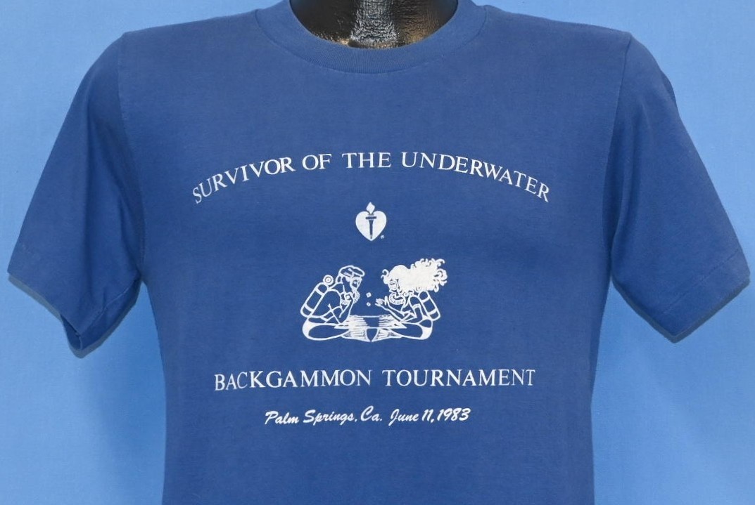 vtg 80s SURVIVOR OF UNDERWATER BACKGAMMON TOURNAMENT PALM SPRINGS 1983 t-shirt S