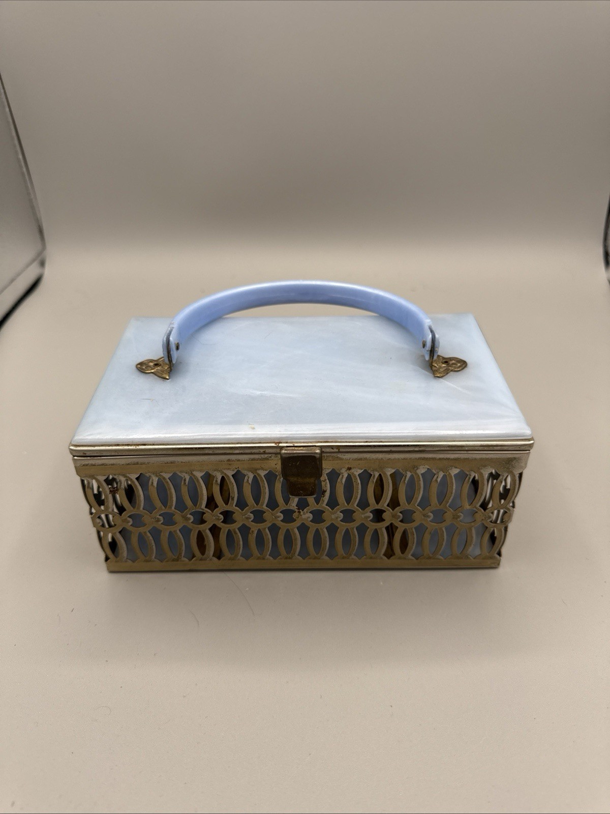 Vintage, Pierced Gold Tone Metal and Baby Blue Lucite Purse- 7”/4” /3”
