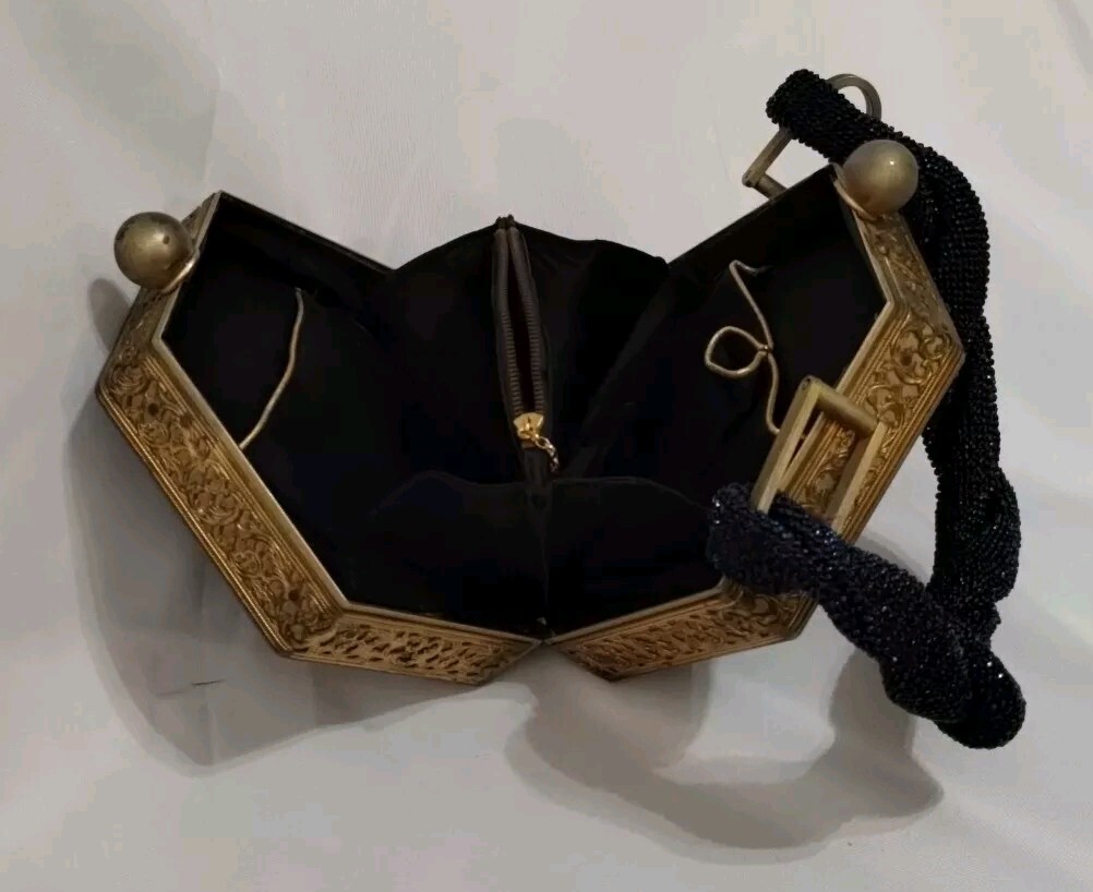 Handbag/Purse Sapphire Blue Beaded Tortoise Lucite Gold Plated Tyrolean 1940 VTG