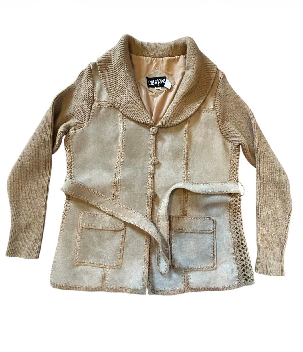 Omarjone Vintage 1970’s Suede and Knit Crochet Cardigan Jacket with Belt