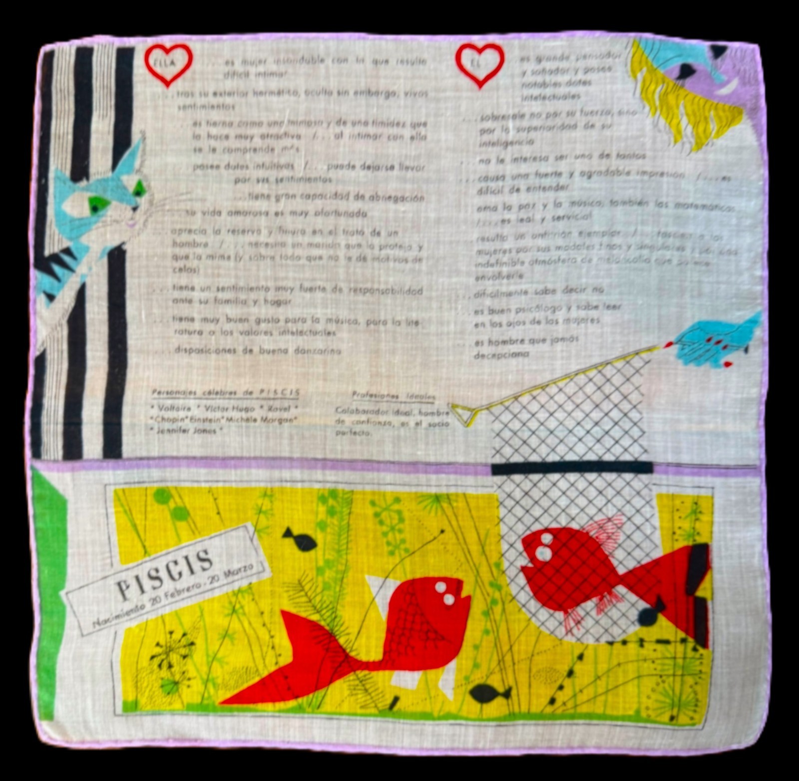 Vtg. Zodiac Horoscope Hanky Spanish Language PISCIS 20 February – 20 March