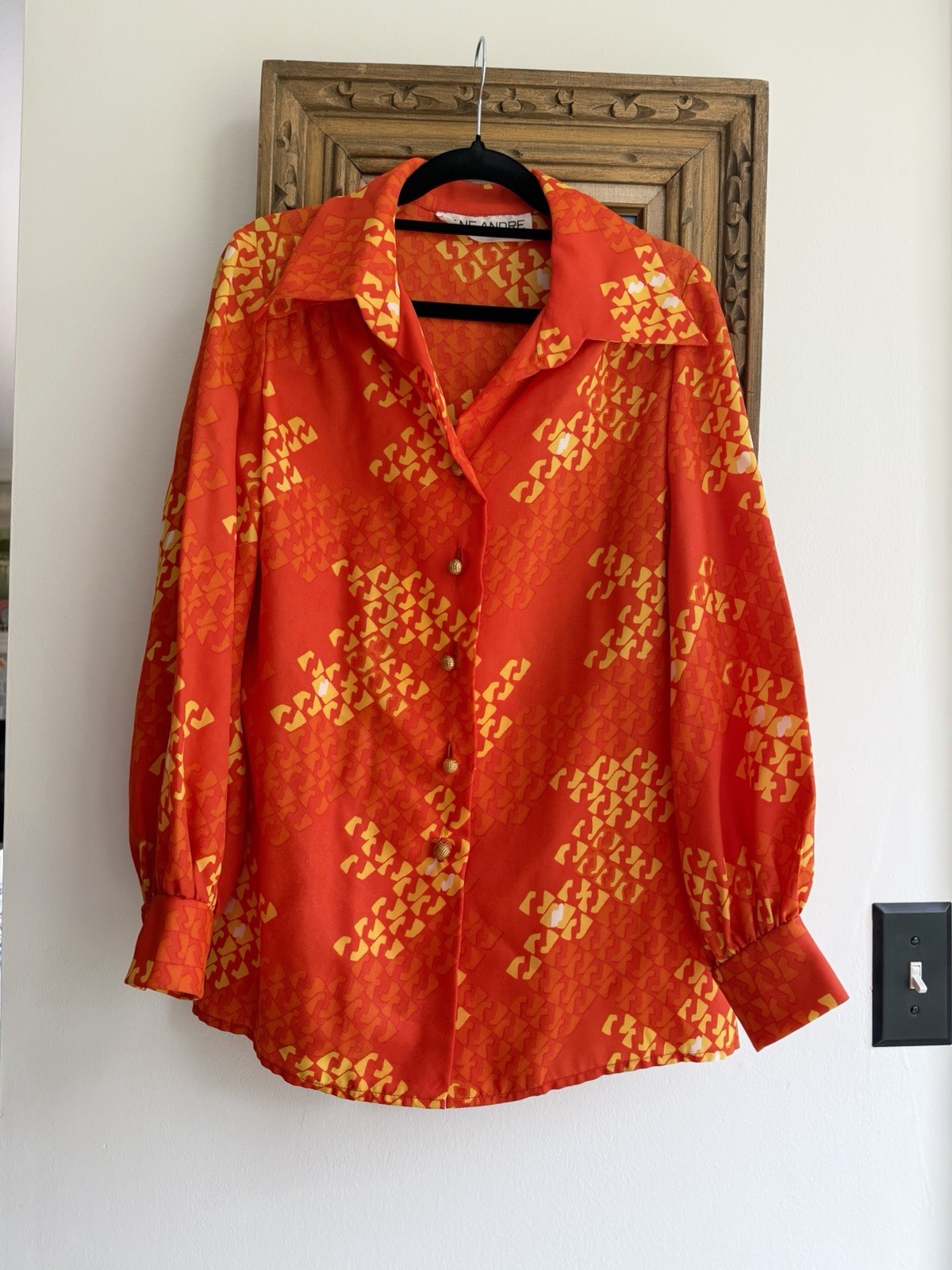 Vintage 70s Jane Andre California Blouse Orange Abstract Print Gold Button