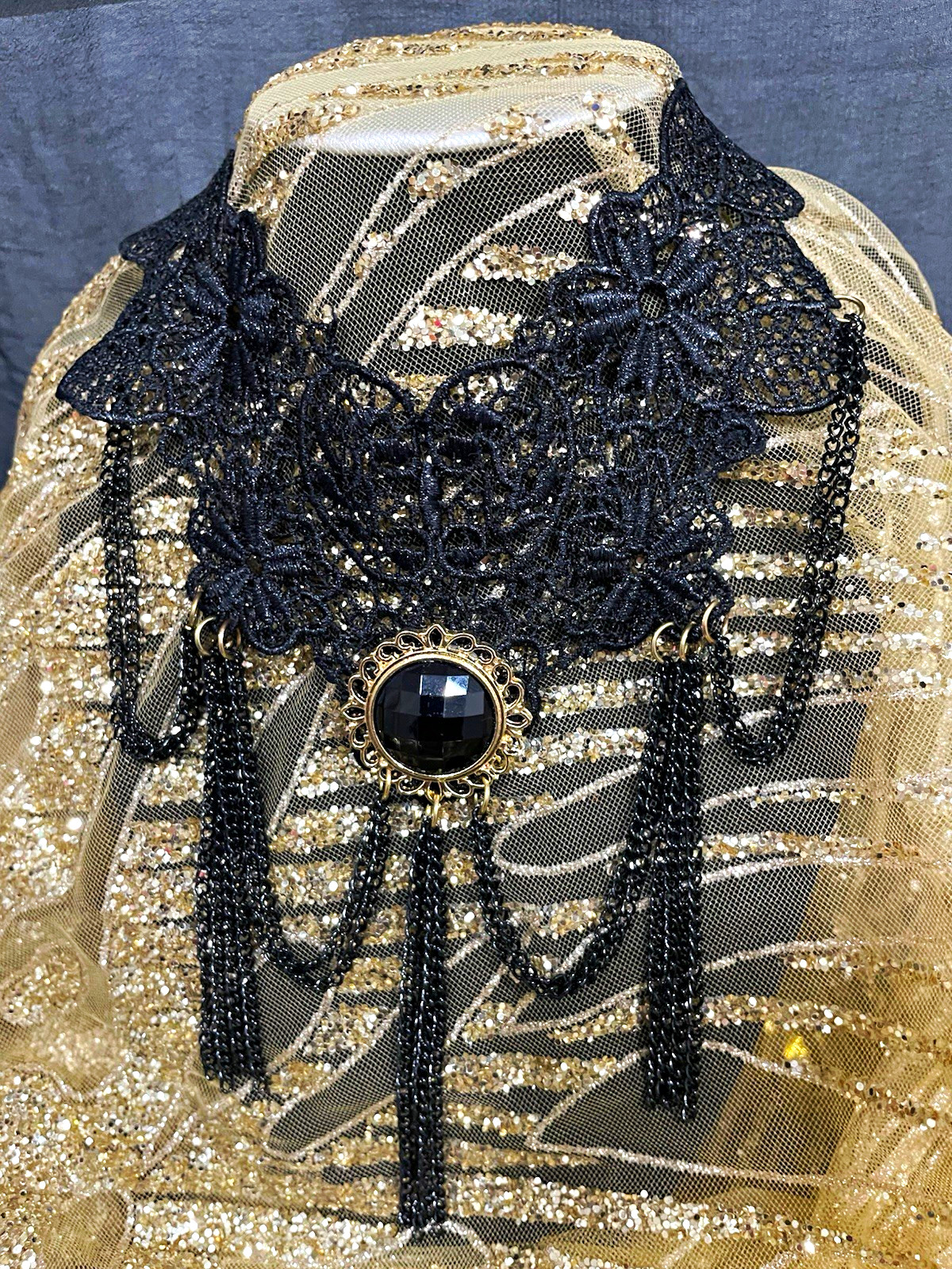 Black Lace Victorian Collar Necklace w/ Beaded Fringe & Faceted Stone Medallion