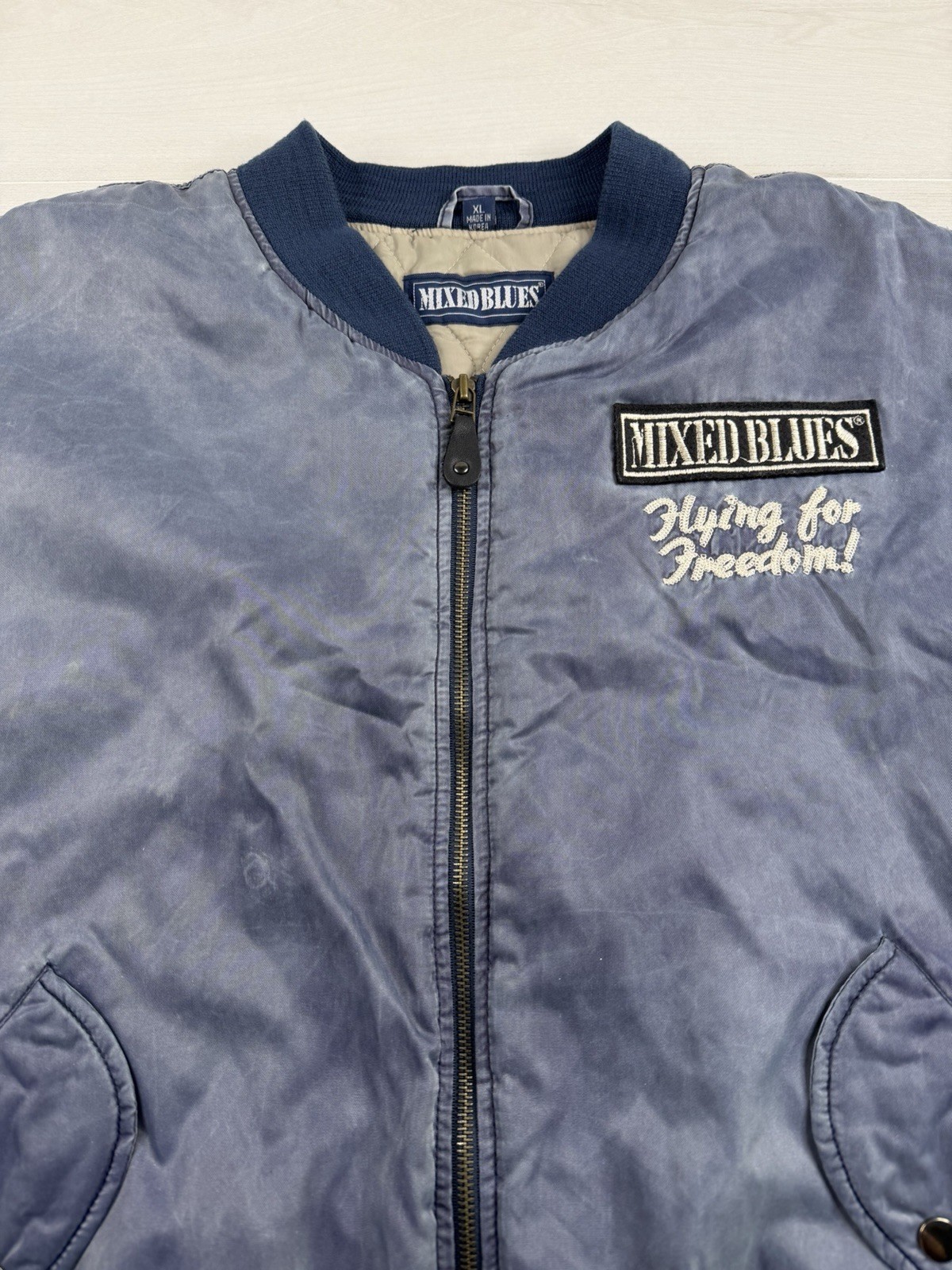 Vtg Mixed Blues Bomber Flyer Jacket Flying for Freedom Nylon Aviator 80s 90s XL