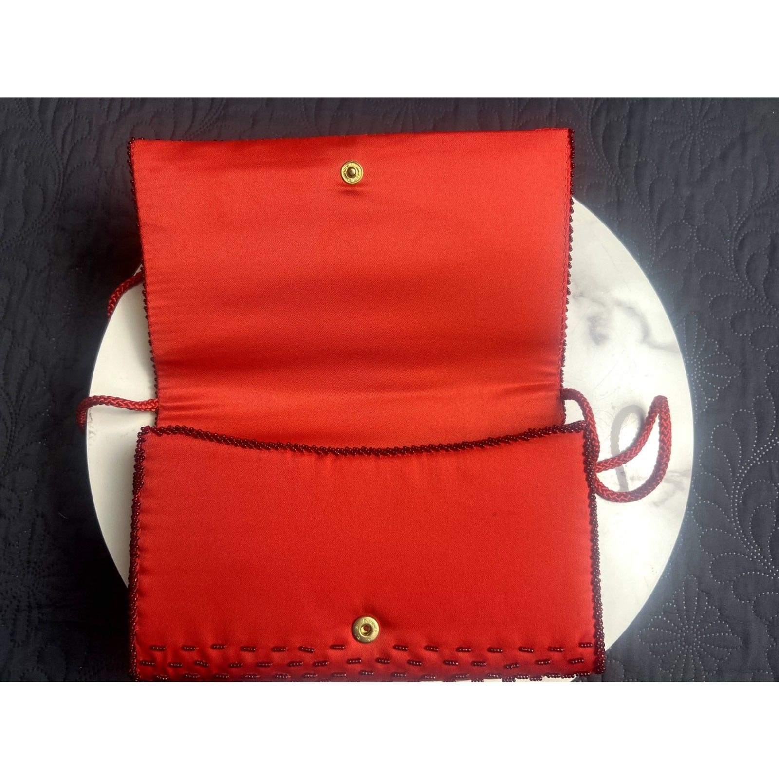 Vintage 80’s Lindsey Blake Red Satin Beaded Clutch Evening Bag Glam:Pre-Owned