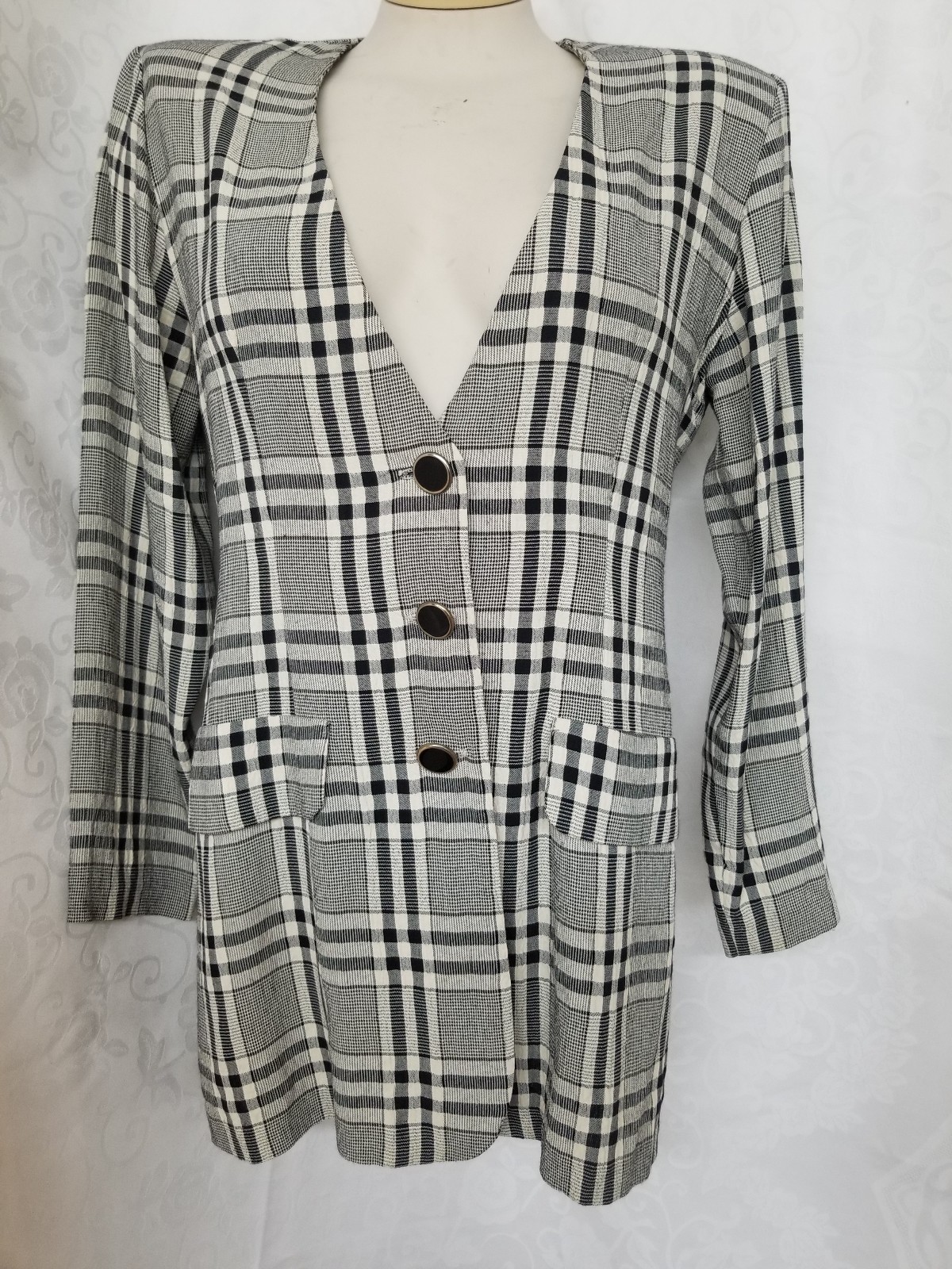 Vintage Dawn Joy Taupe/Black Plaid Mini Padded Shoulders Jacket Dress 9/10