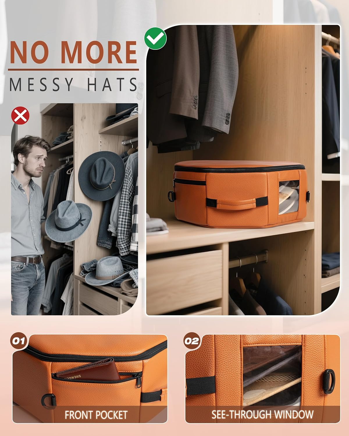 Vegan Leather Hat Box Fits 4 Cowboy or Wide-Brim Hats, Padded Storage Case with