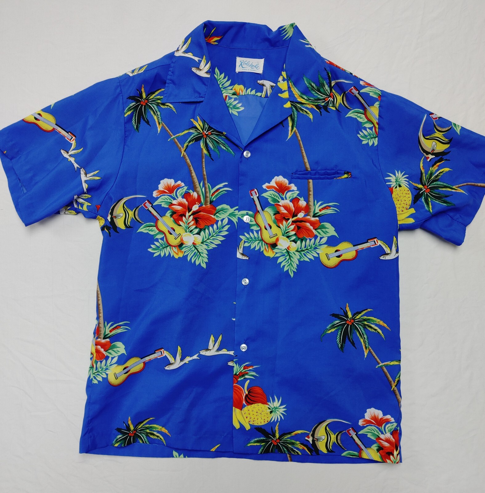 Vtg 60s 70s Kole Kole Hawaiian Shirt Bright Blue Surf Beach Floral Surfer Red