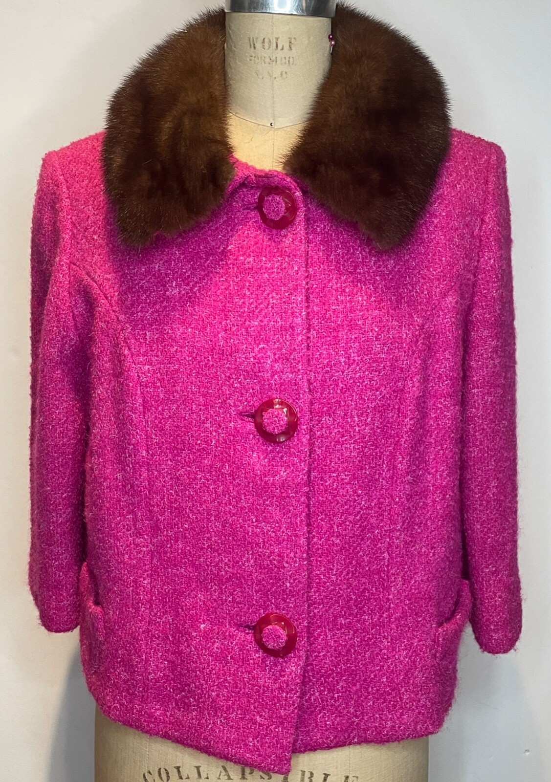 EUC!! VTG 60’S WILSON’S FUCHSIA PINK TWEED BOUCLE BLAZER JACKET MINK COLLAR*S/M