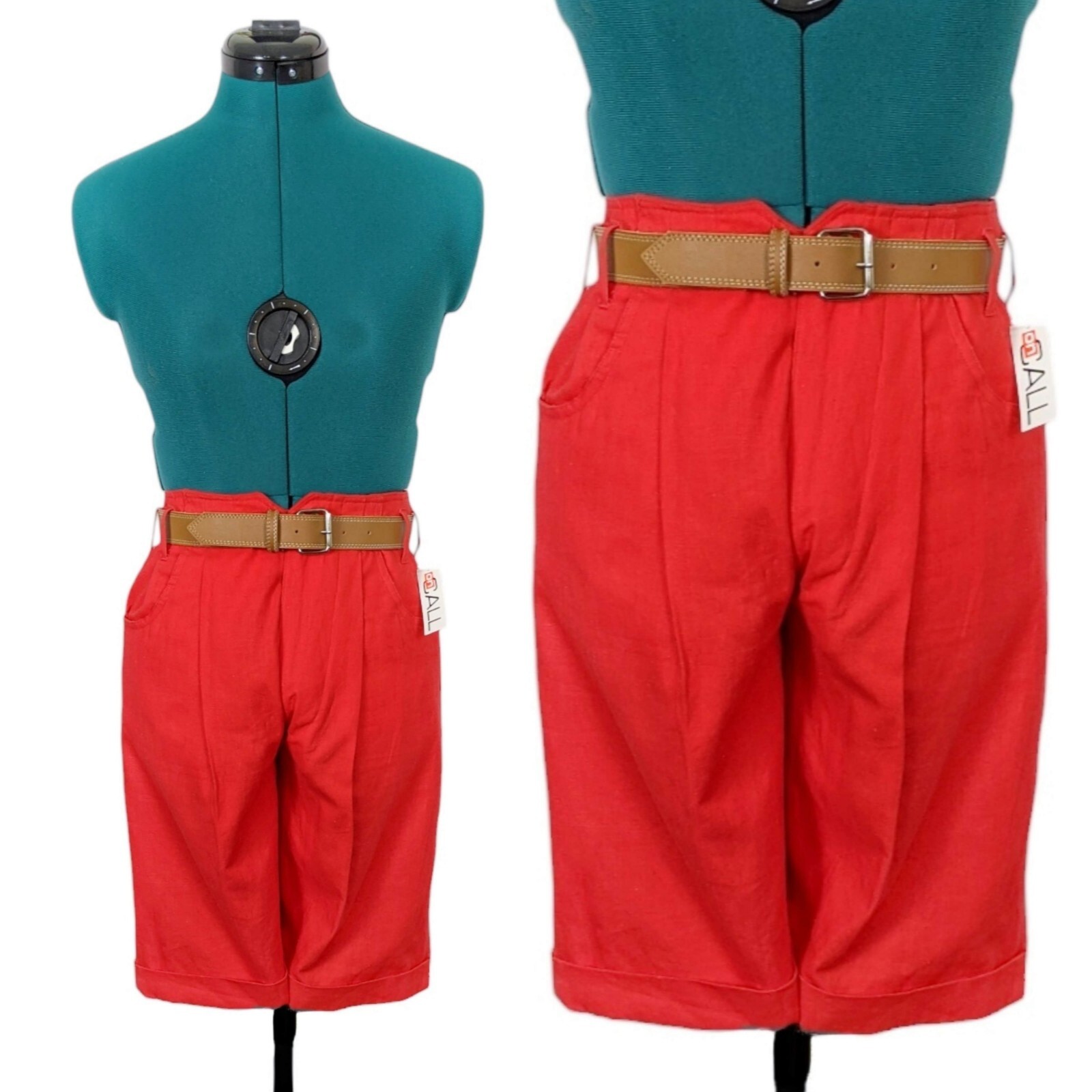 1980s Red High Waisted Shorts 1990s Pleated Boardshorts 80s Bermuda Belt Set NWT